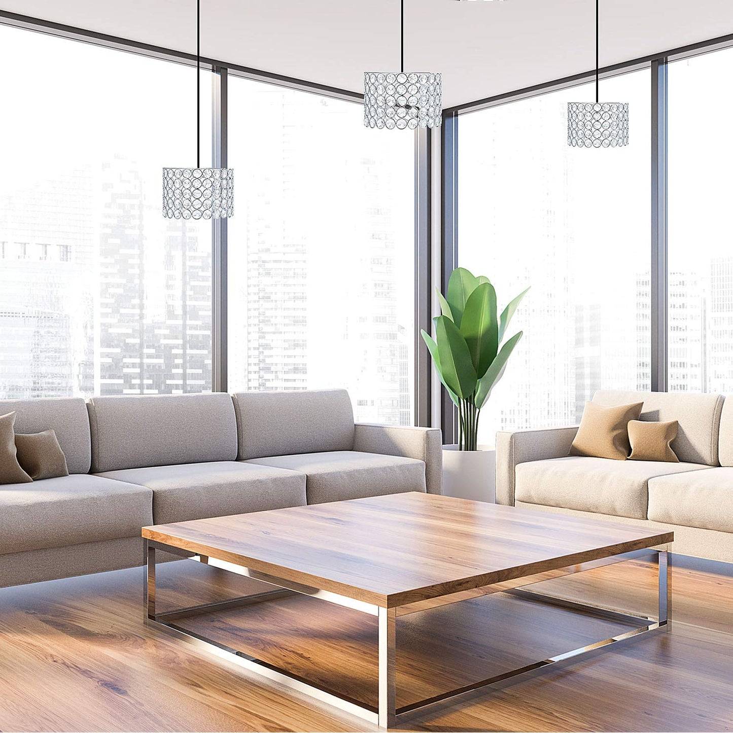 Boao Crystal Lamp Shade Chandelier, Warm White, 7 x 7 x 4.3 Inch, Silver, Model: Boao-Pendant Lights-p1432