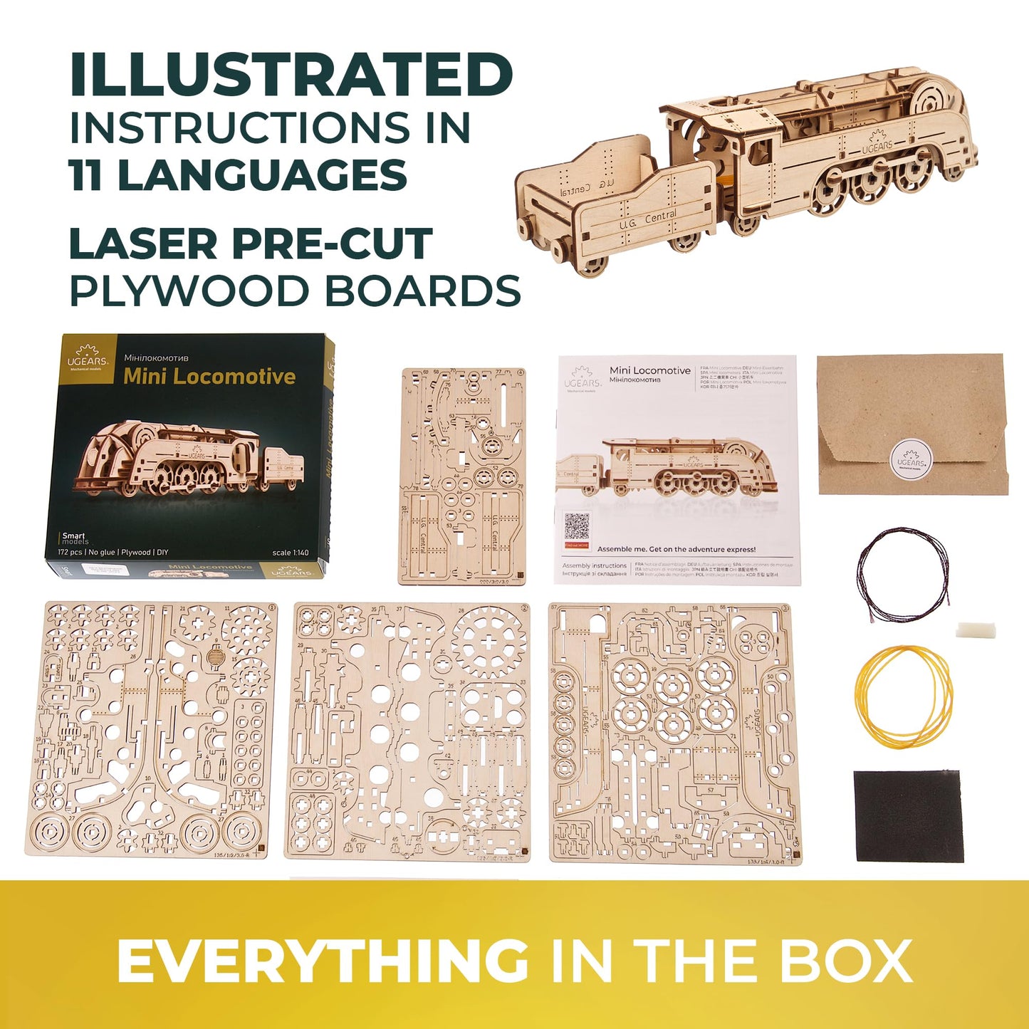 UGEARS Mini Locomotive 3D Wooden Puzzles for Adults - Wood Models for Adults to Build - Easy DIY Crafts for Adult Wooden Train Model Kit - Rubber Band-Powered Mechanical Puzzles