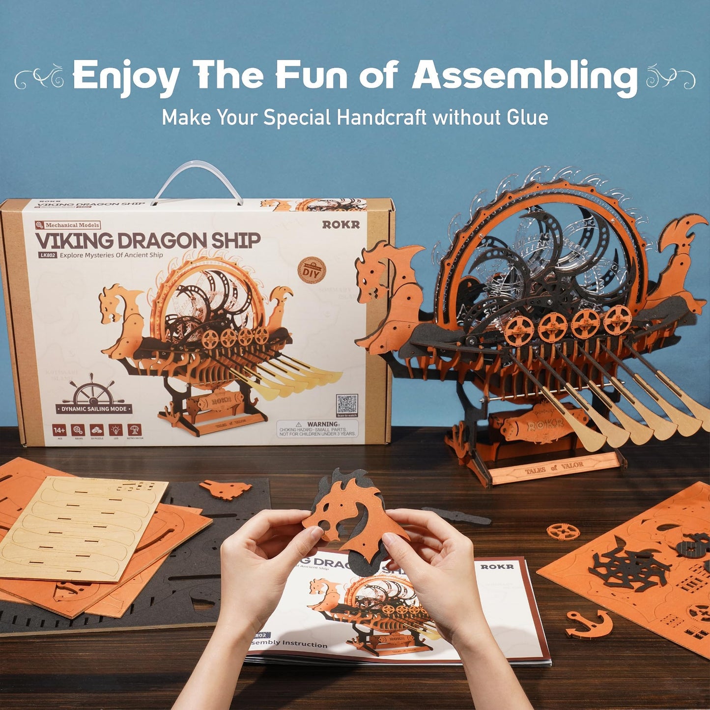 ROKR 3D Wooden Puzzle for Adults, 3-Hour Build, Viking Dragon Ship with LED Lights, Model Kits for Adults to Build, Ideal Gift for Boys and Men