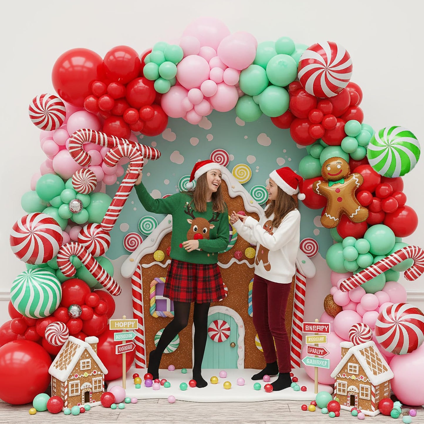 Christmas Balloon Garland Arch kit green pink red balloon with Gingerbread Balloon Cane Candy Foil Balloons for Christmas Party Decorations Xmas New Year Birthday Party Supplies globos de navidad