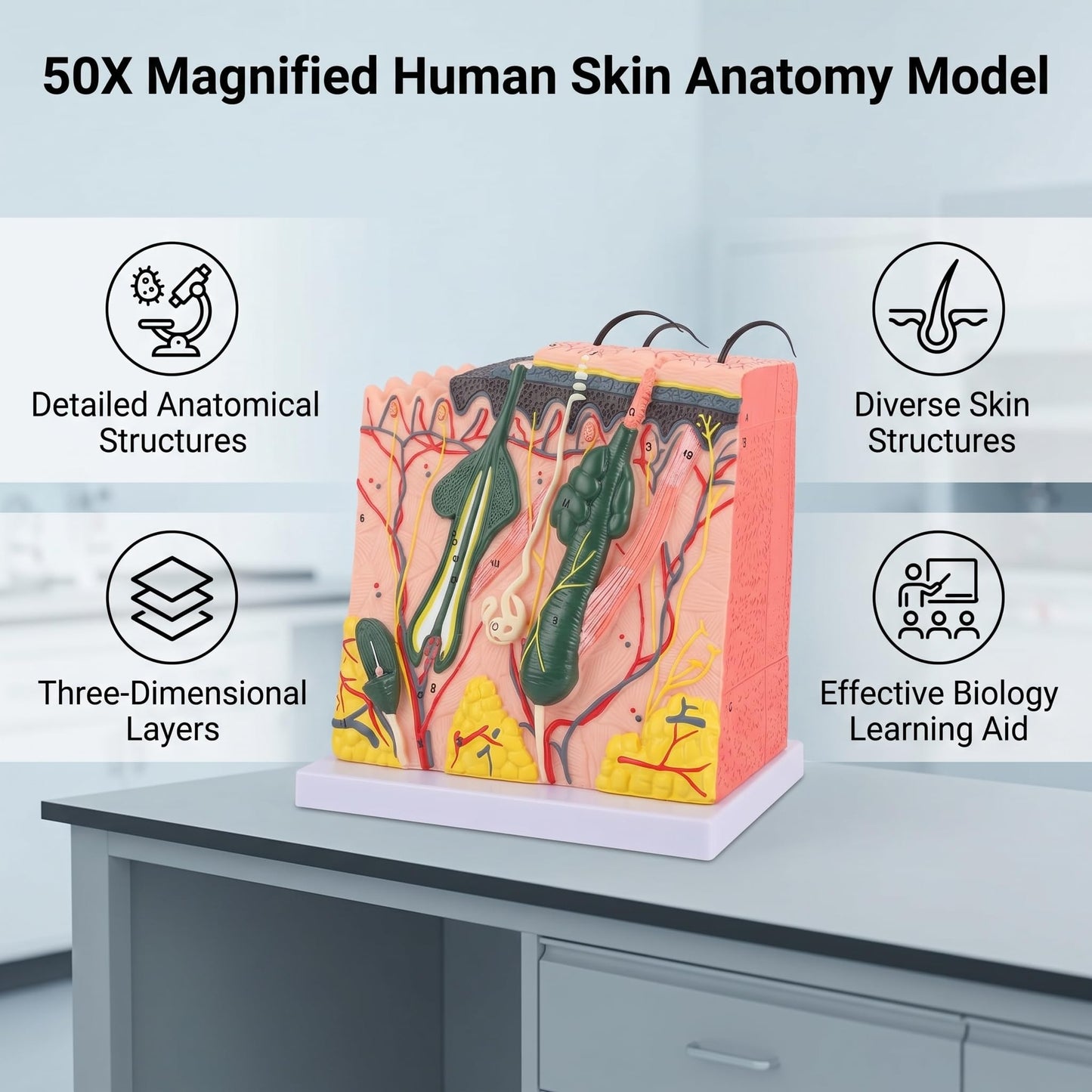 Akozon 50X ThreeDimensional Human Skin Magnified Model, Detailed Skin Anatomy Display, Educational Biology Laboratory Teaching Aid for Teachers and Students