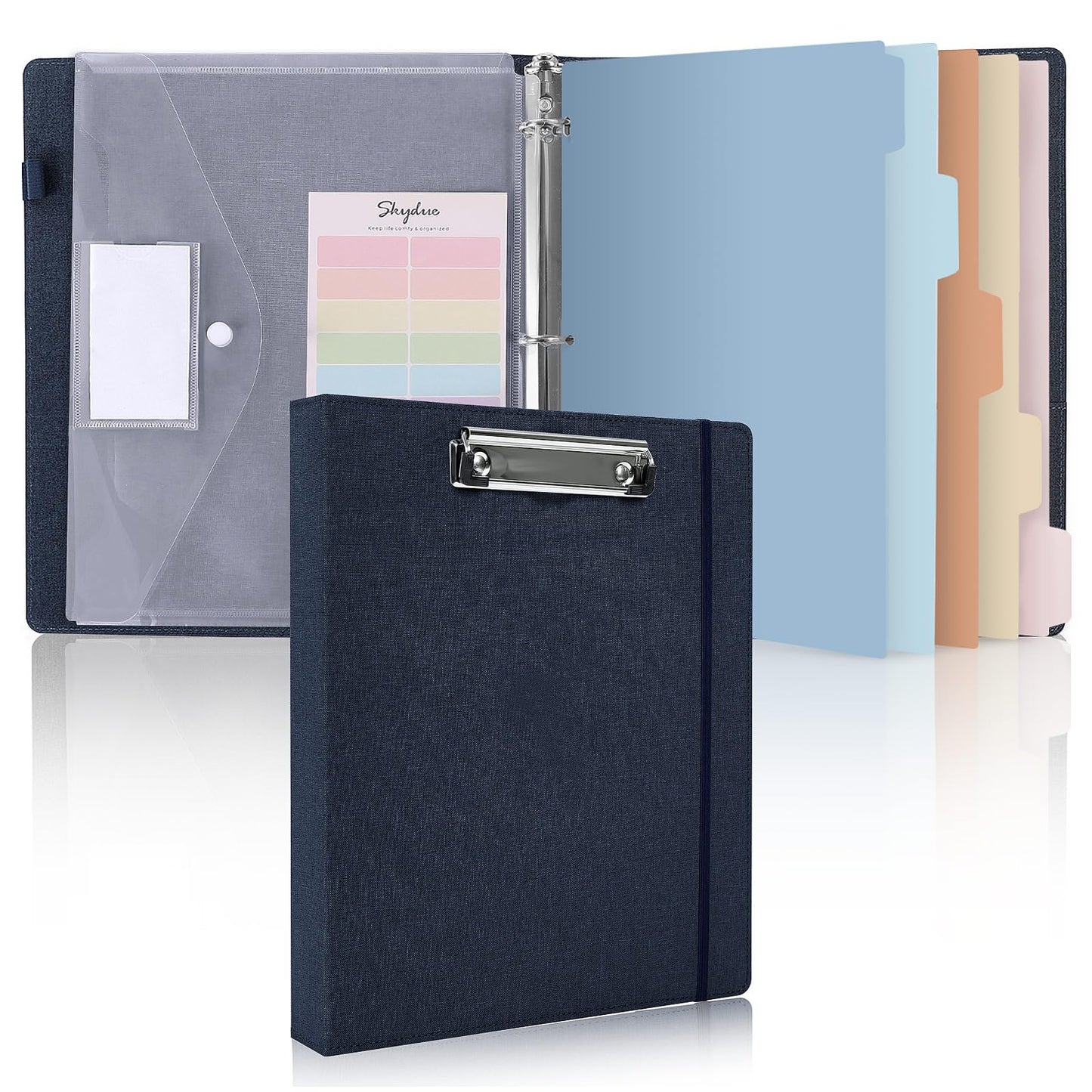 SKYDUE Clipboard Binder with Dividers,1 Inch 3 Ring Binder with Clipboard on Front, Clipboard Folder with Pocket, Labels Office Supplies Blue