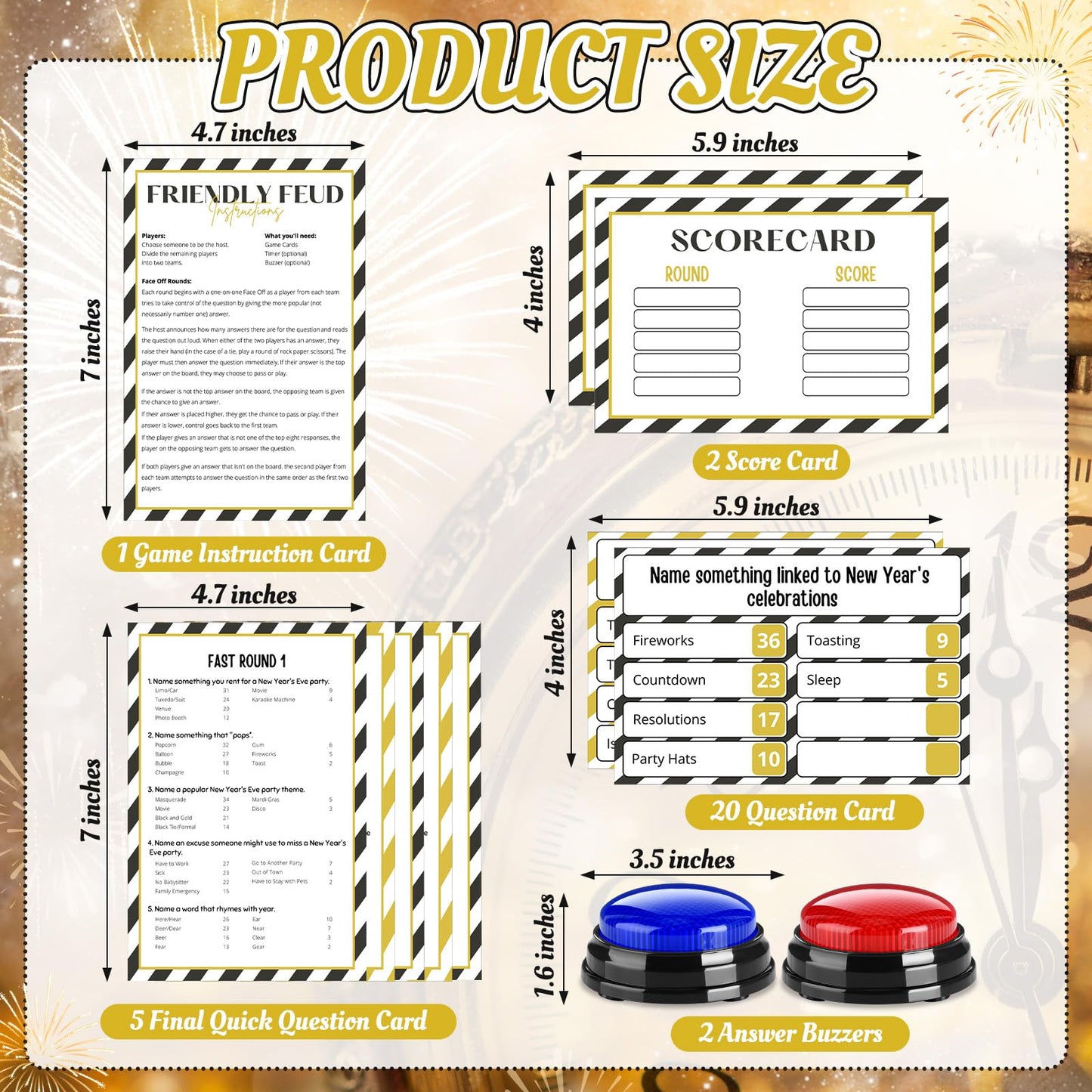 Humyoun New Year Family Fued Game Cards with 2 Answer Buzzers, New Years Eve Family Trivia Quiz Game Night Fun Holiday Fued Cards for Adults Party Office Classroom Team Building Countdown