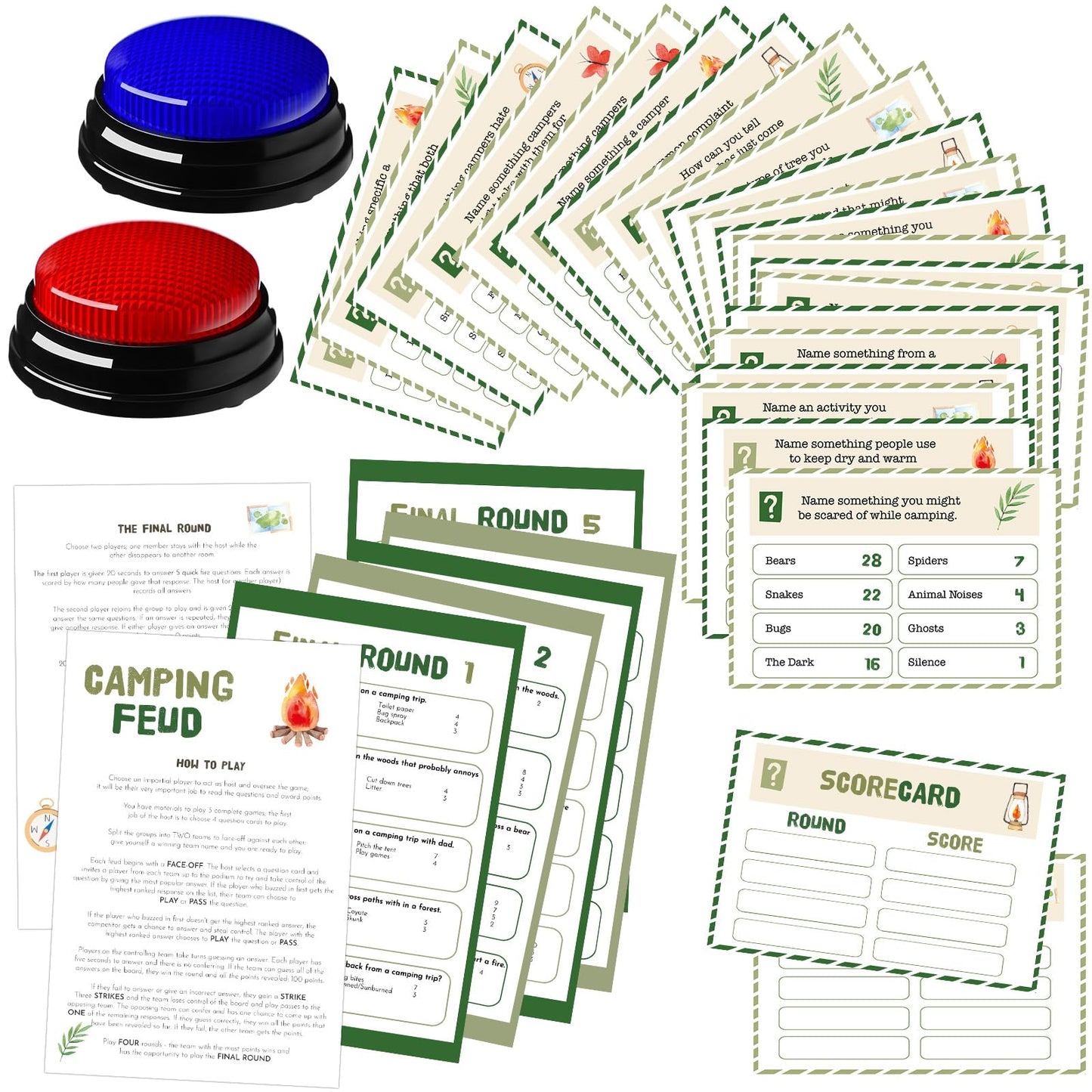 Humyoun 30 Pcs Camping Friendly Feud Game Set Camping Party Game Trivia Quiz with 18 Card 2 Buzzer for Adults Family Games Activities Party Supplies, Battery Not Included