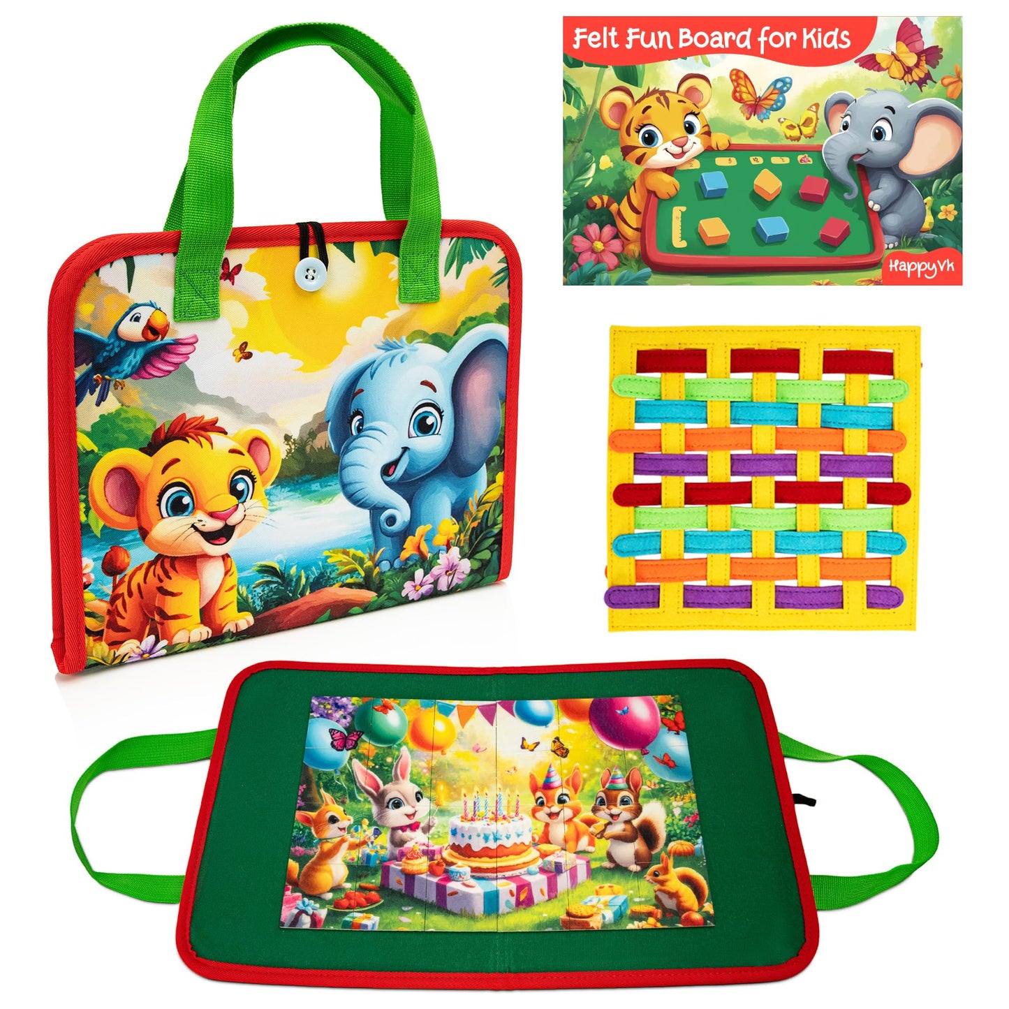 HappyVk Educational Felt Story Board Set – One Felt Board and 154 Pieces Storytelling Learning Kit for Toddlers and A Felt Activity Board Game with 10 Weaving Strips - Montessori Toys Activity Board