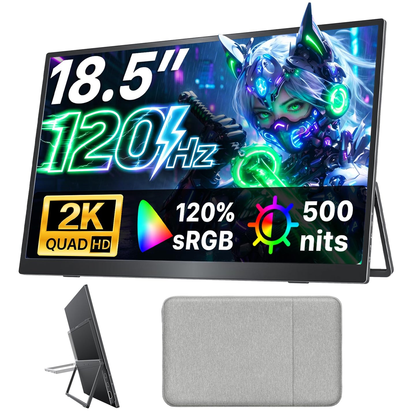 Upperizon Portable Monitor 18.5 inch 2K QHD 120% sRGB 120Hz IPS HDR HDMI USB-C Travel Monitor for Laptop MacBook PC Surface PS5 Xbox, Large External Display with Kickstand & Speakers, VESA Compatible