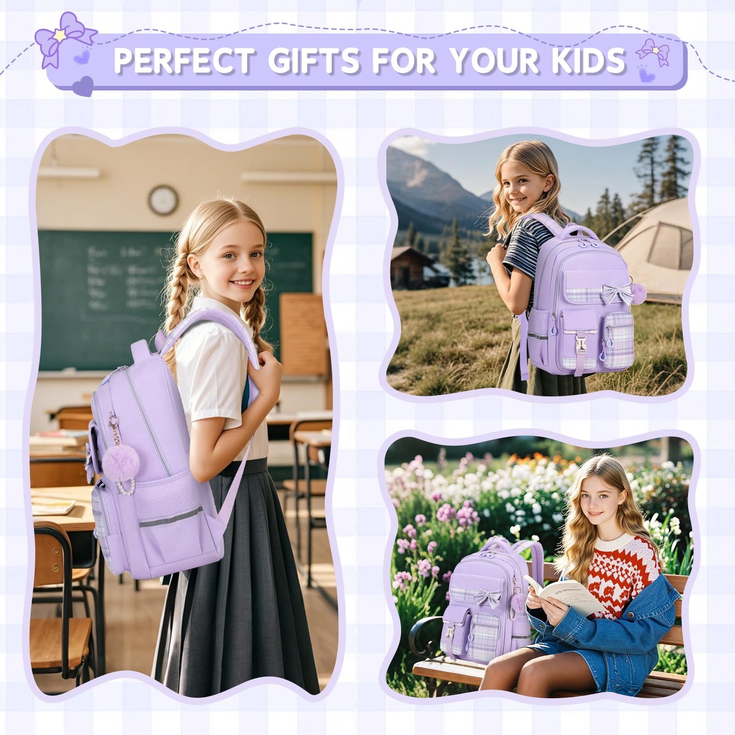 MOONBABY Girls Backpack, Kids Backpack for Girls School Bags with Pen Case, Bow Plaid Book Bag for Elementary Middle Primary High School College, Purple-2pcs