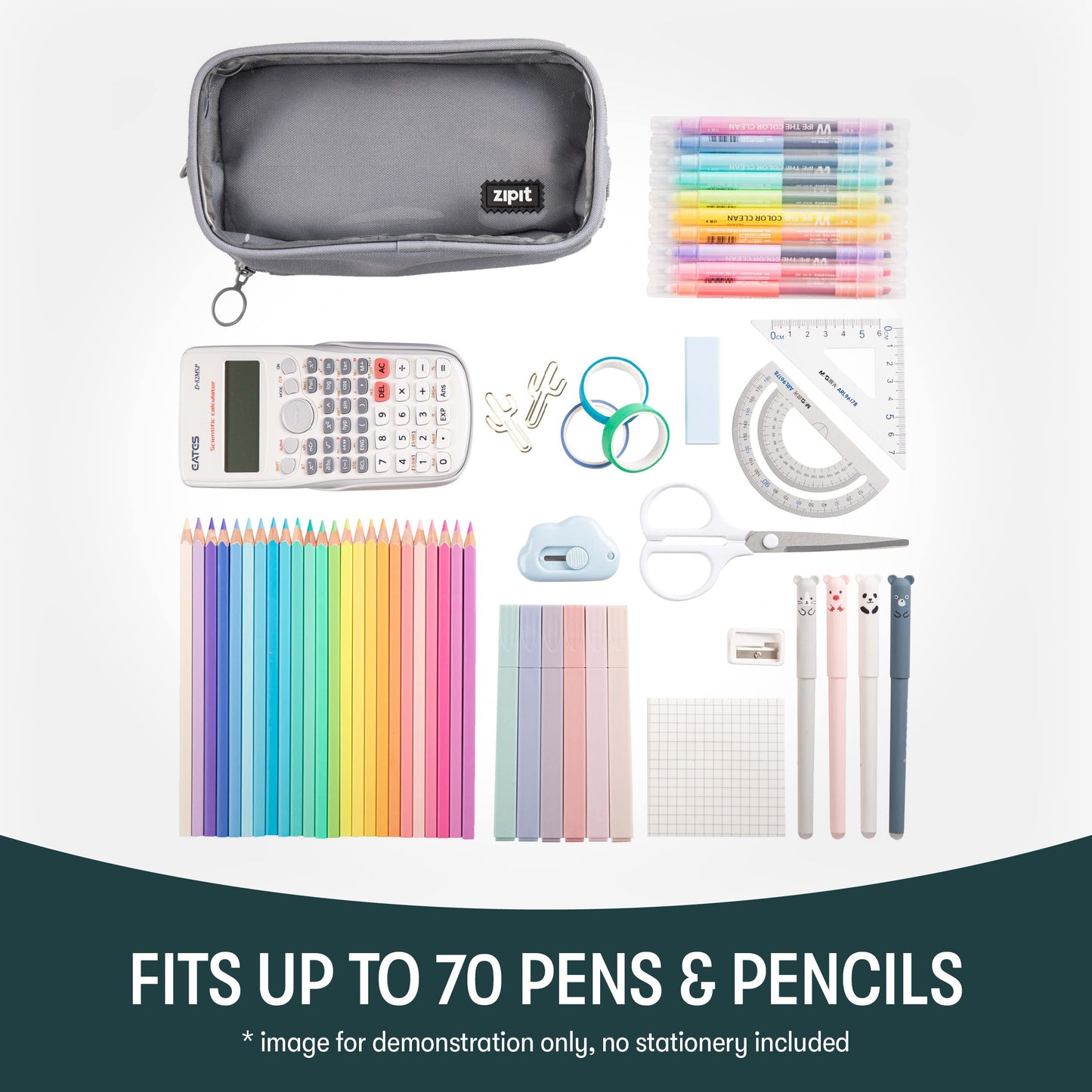 ZIPIT Half & Half Pencil Case, 3 Compartment Zipper Pouch for School, Stationery Bag for Teen Girls Boys and Adults, Grey