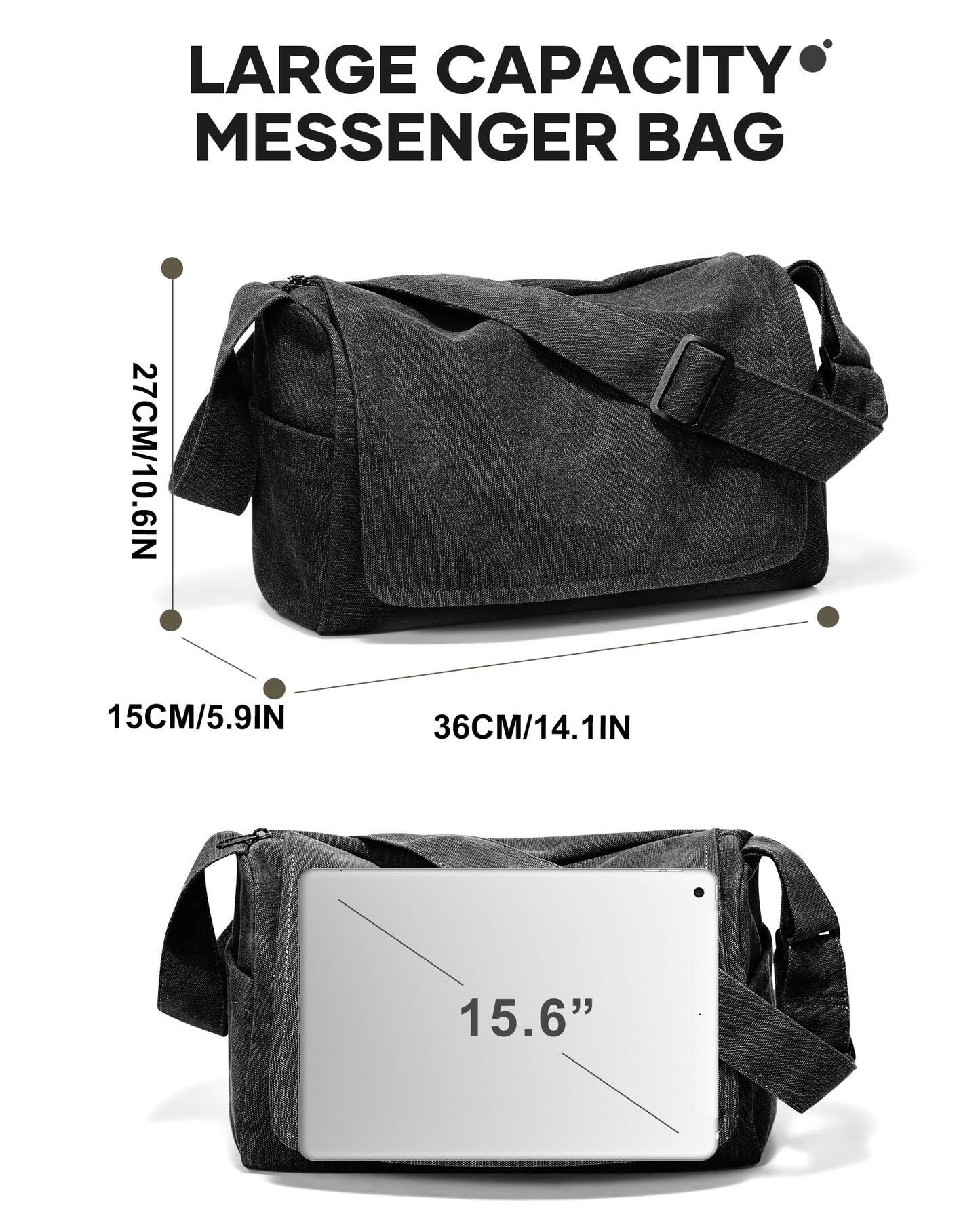 VENATIN Vintage Canvas Messenger Bag for Men & Women, Large Crossbody Shoulder Bag Leisure Shoulder Sling Bags Handbag for Travel, Business Bookbag Fits 15.6 inch Laptop, Black