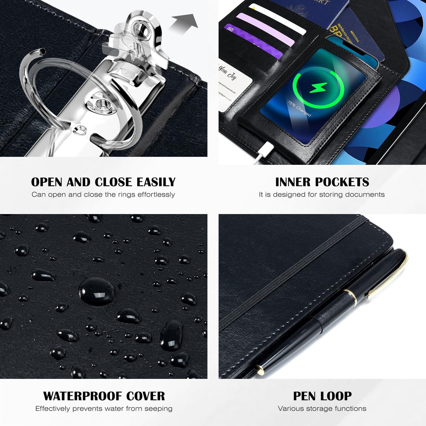 Ospelelf Leather 3 Ring Binder for Letter Size Documents with Pocketed Dividers, 1 Inch Round Rings, Holds 175 Sheets, Binders with Storage Bag & Notepad, for Office School Home Organization, Black