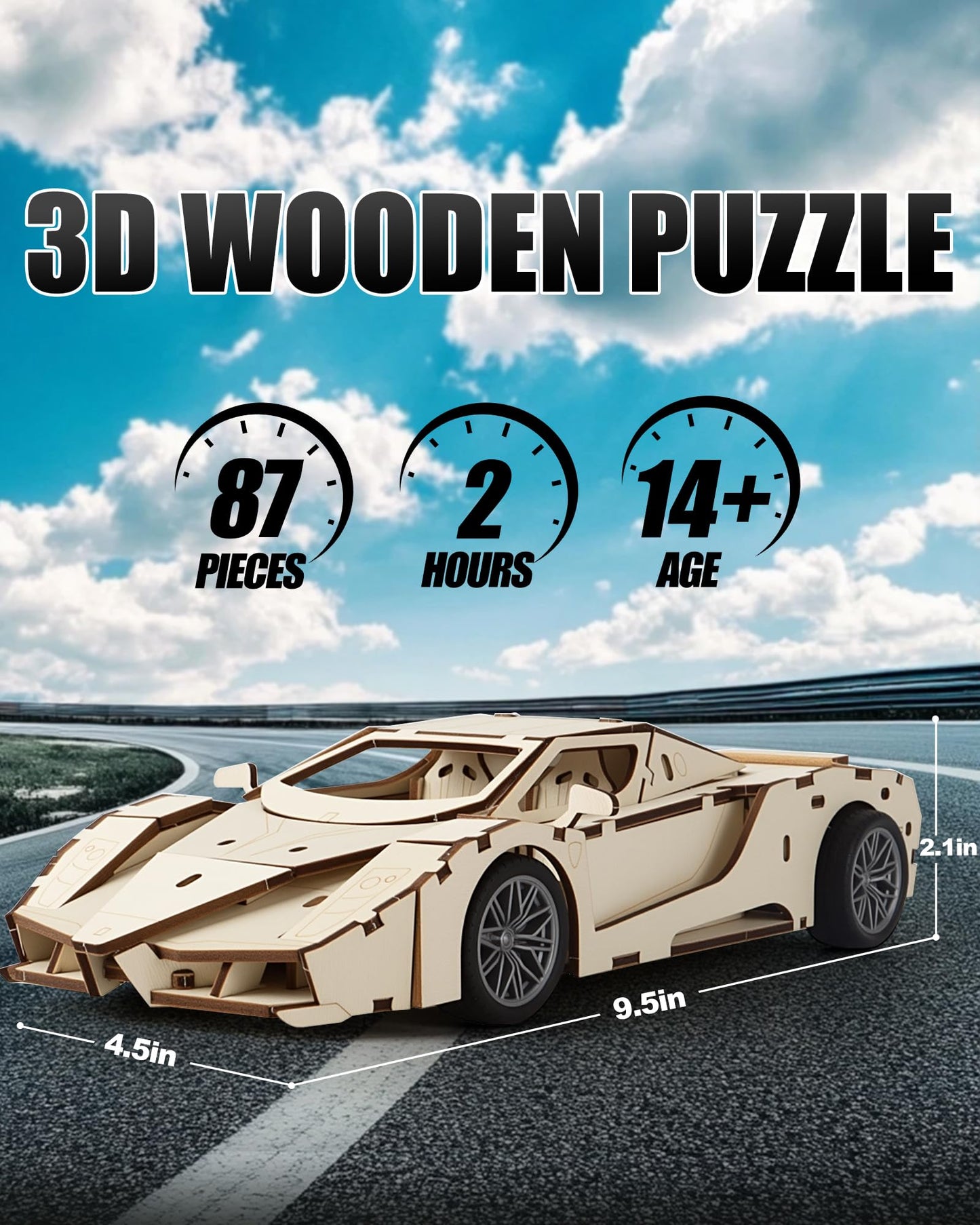 MOCBURIKU 3D Wooden Puzzles Model Car Kits to Build for Adults, Beginner-Friendly Pull Back Sport Car Building Toys, Wood Craft Gift for Boys and Men on Birthday Christmas