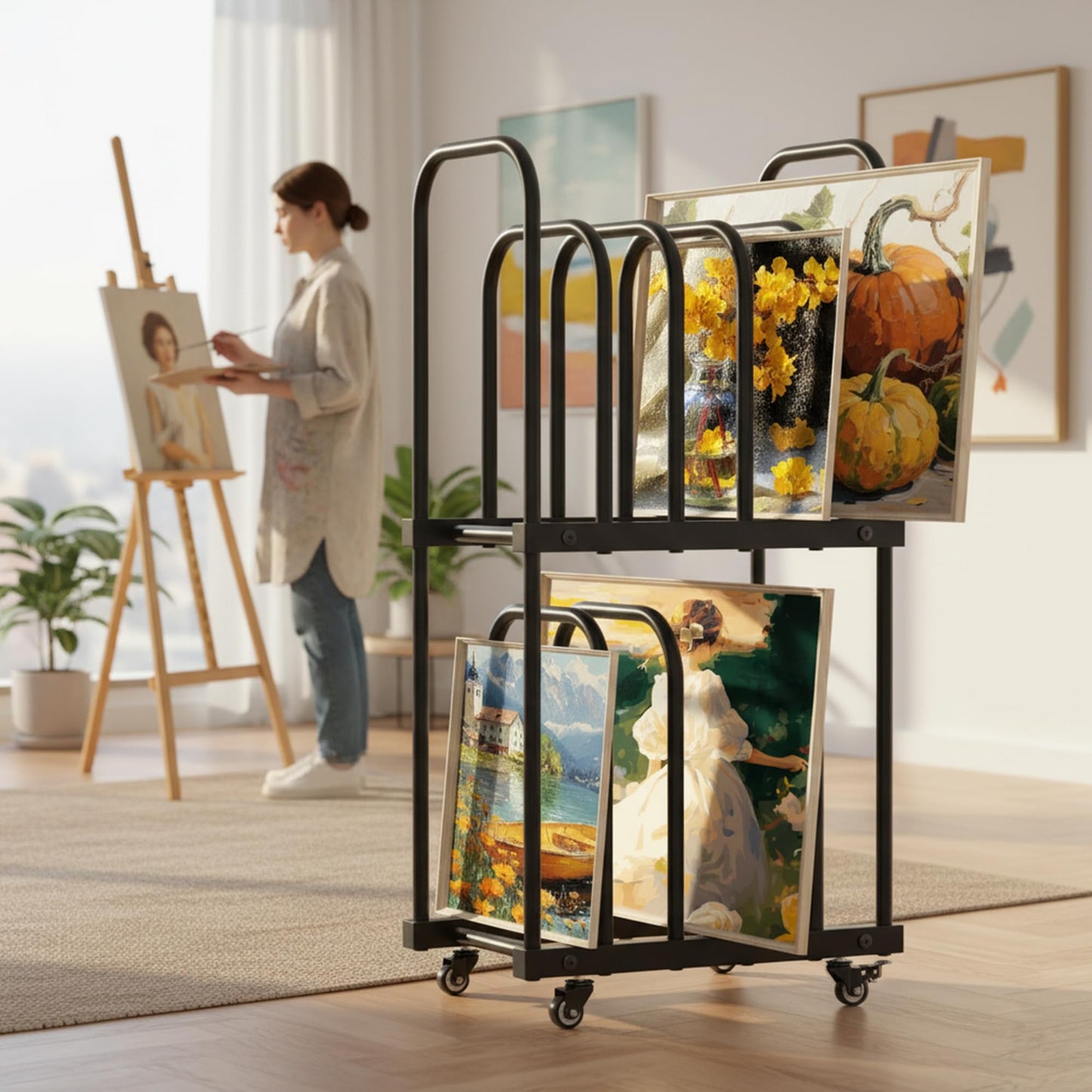 GARVIN Art Storage Rack with Wheels, 2-Tier Metal Art Drying Rack for Small Canvases, Heavy-Duty Organizer for Artwork, Prints & Panels, Studio & Classroom (Black)
