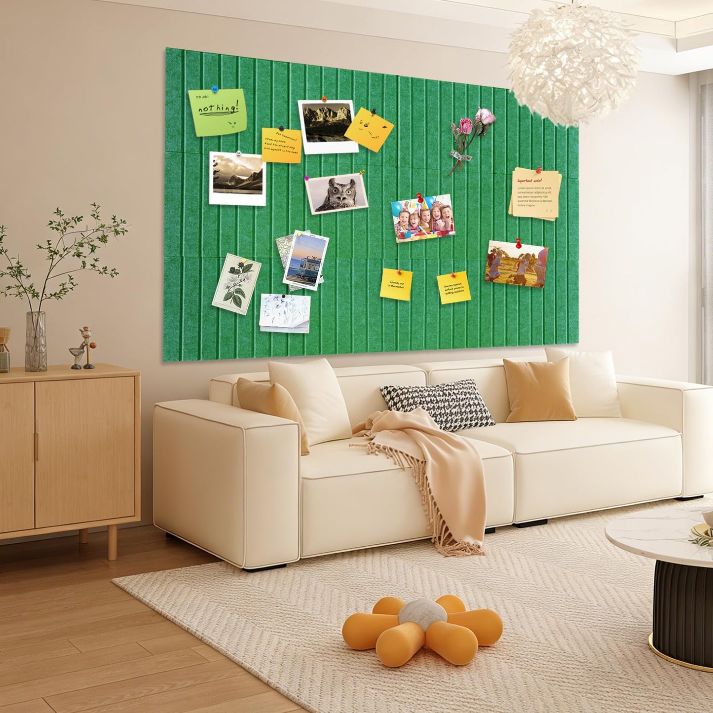 15 Pack Felt Bulletin Board, 35" x 59" Large Green Pinboard with 30 Push Pins, Felt Pin Board, Self-Adhesive Cork Board Tiles for Home, Office Walls, School Classroom Message Photos Display