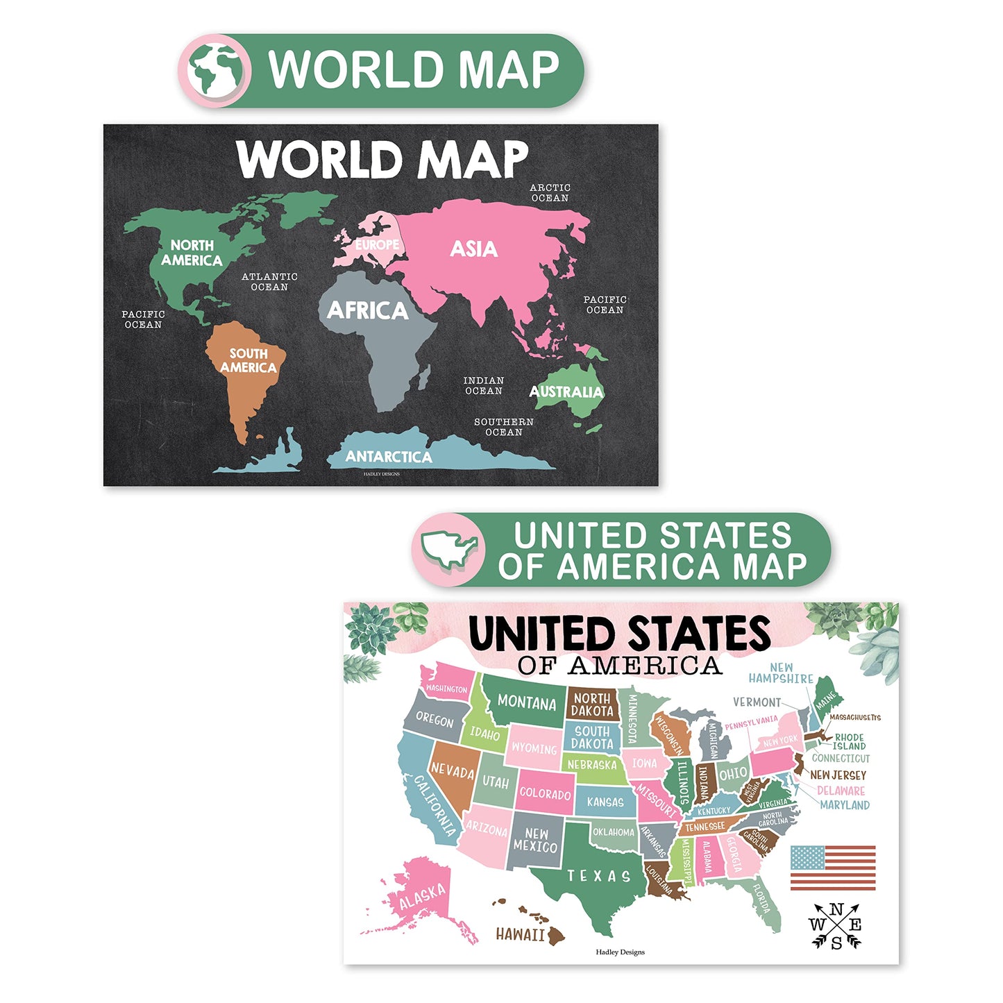 Hadley Designs 4 Alphabet, Map of United States, World Map, & Solar System Posters - Laminated ABC Charts for Toddlers Wall Decor, Cactus Posters for Kindergarten, Prek Classroom or Homeschool 11x17