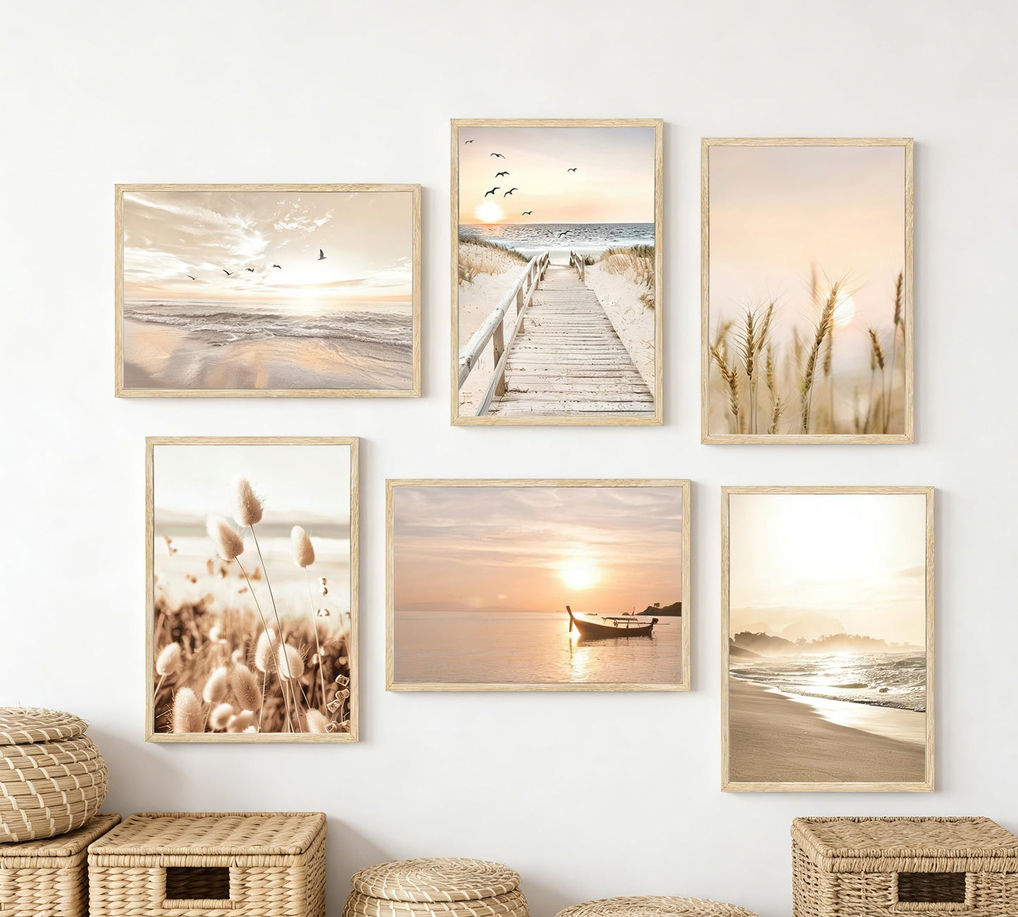 Beach Wall Art Boho Coastal Wall Decor, Neutral Beige Ocean Beach Pictures Wall Art, Set of 6 Minimalist Nature Grass Prints for Bedroom Bathroom Living Room, Unframed Canvas Posters 12x16in