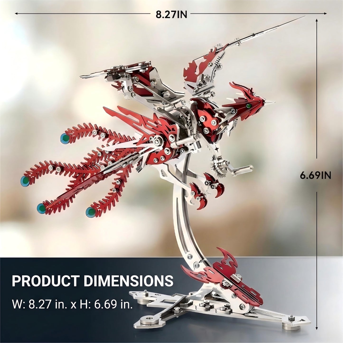 Gold-Plated Metal Phoenix Model Kit - 3D Stainless Steel Mythical Bird Puzzle for Adults - Mechanical Firebird Figurine - Steampunk Kinetic Art Sculpture - Home Decor Gift(Phoenix-Red)