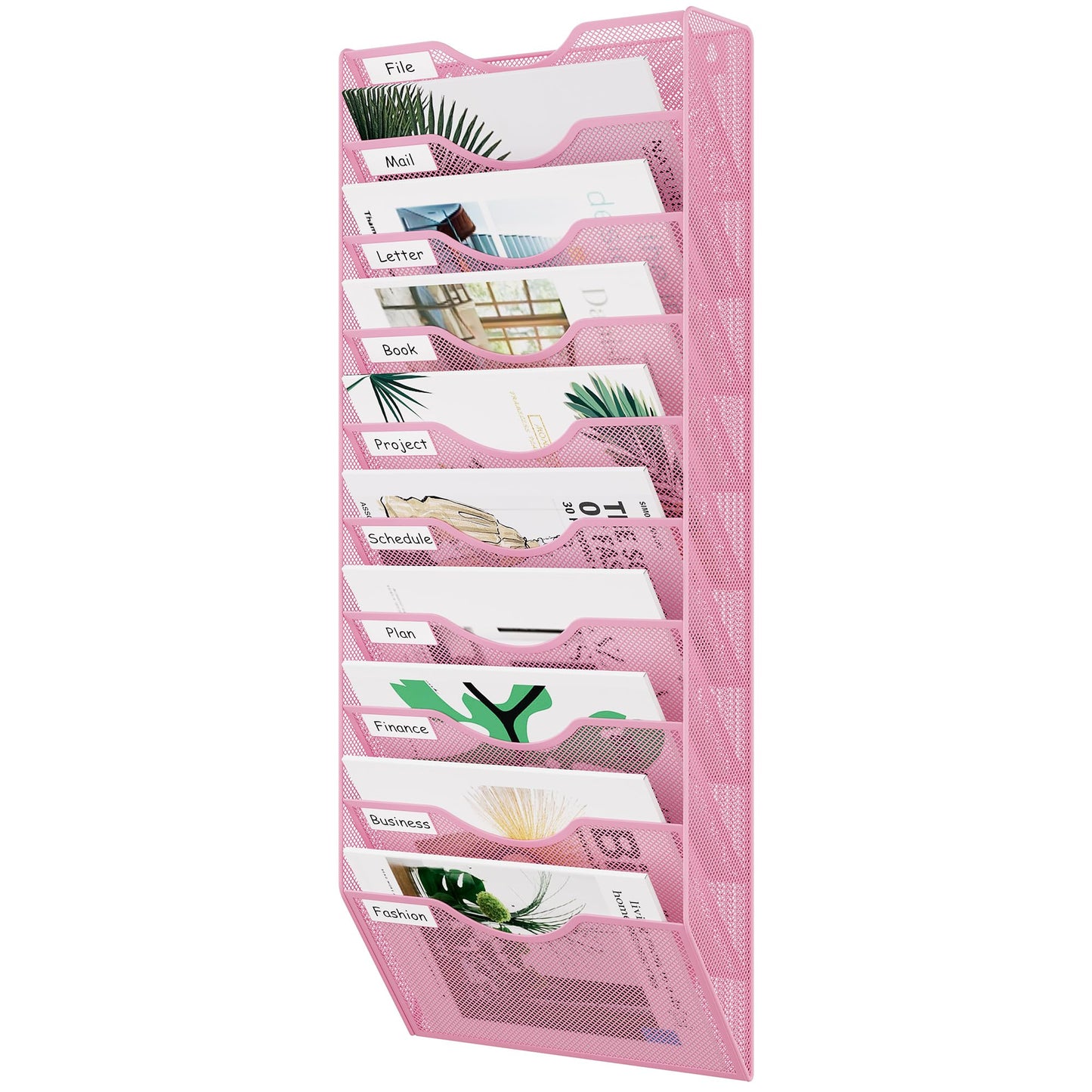 EasyPAG 10 Pocket Mesh Wall File Organizer, Hanging Paper Folder Holder with Classify Label, Vertical Wall Mount Mail Organizer for Office Home Classroom, Pink