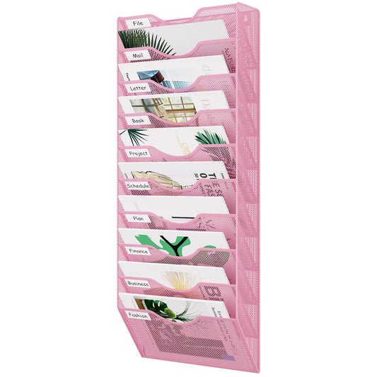 EasyPAG 10 Pocket Mesh Wall File Organizer, Hanging Paper Folder Holder with Classify Label, Vertical Wall Mount Mail Organizer for Office Home Classroom, Pink