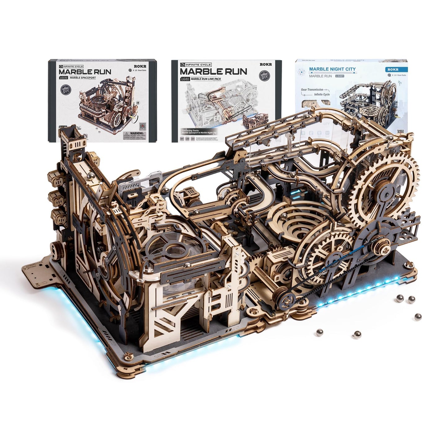 ROKR 3 in 1 Electric Wooden Marble Run, 3D Puzzles for Adults, Wood Model Building Toy Kits, Ideal Gift for Boys and Men
