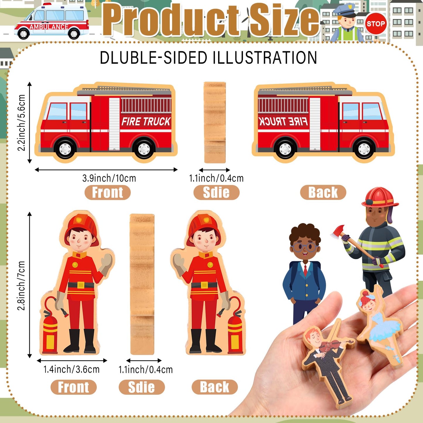 Blosssound 40 Pcs Wooden Community Helpers Toys Wooden Cars Set Wood People Figures Multicultural Career Wood Blocks for Preschool Classroom Diversity Play Games Educational Activity Supplies