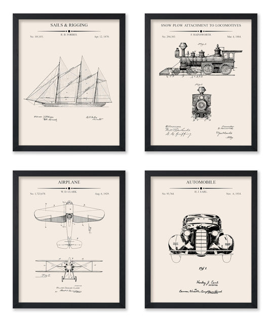 Monem Art 4-Piece Vintage Transportation Blueprint Poster - Sailboat Patent Print - Locomotives Art - Airplanes Print - Trains & Vehicles Design - Garage or Man Cave Decor - 8x10 UNFRAMED