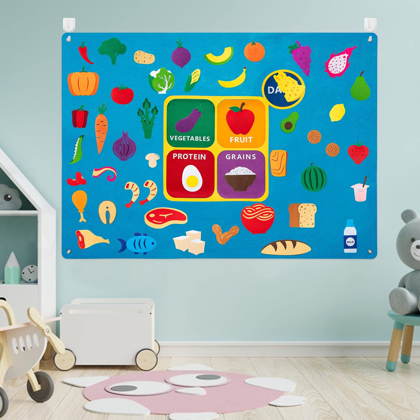 WATINC My Plate Felt Board for Kids - 3.5Ft Large 53Pcs Food Groups Learning Toy Set, Healthy Eating Flannel Board Preschool Educational with Fruits Vegetables Grains Protein for Classroom Homeschool