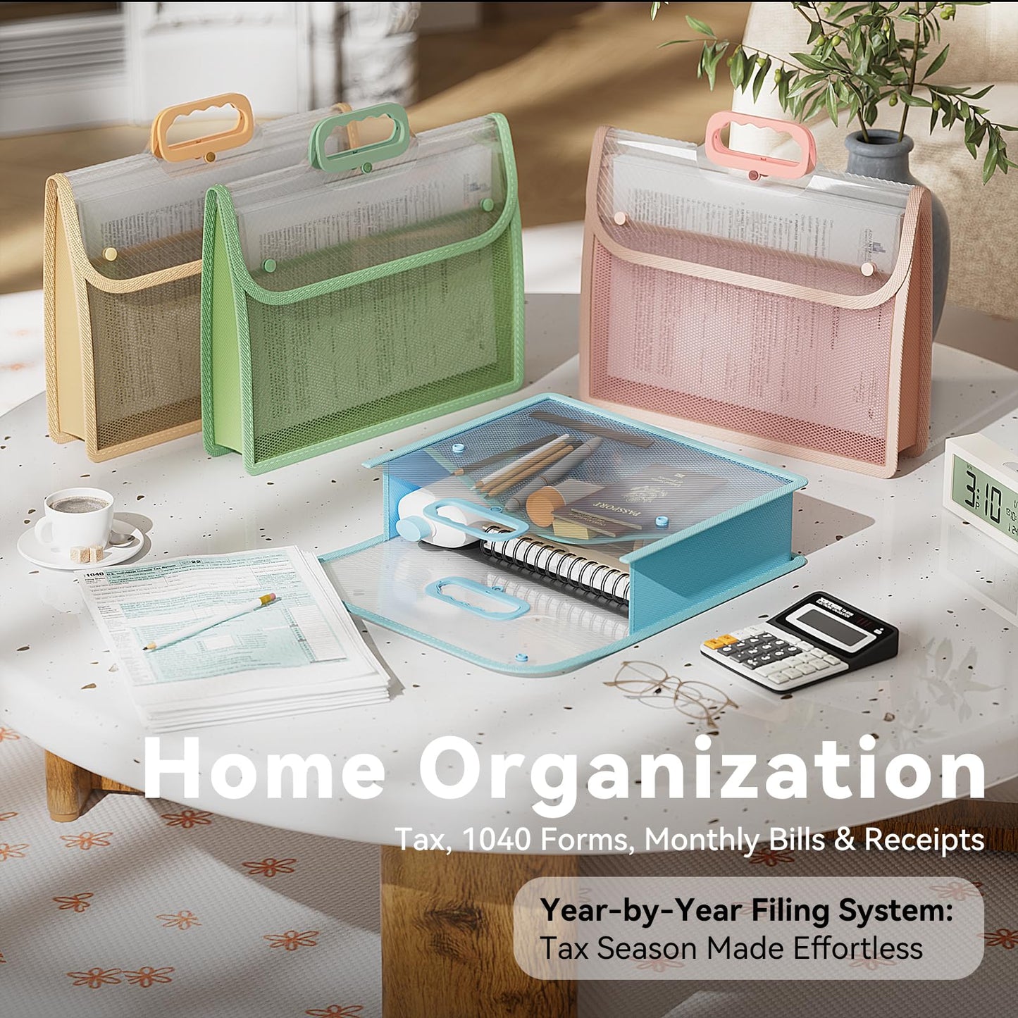 ABC Life [4 Pack] Plastic Expanding File Folder with Handle, Portable Transparent Document Organizer for Letter/A4, Briefcase-Style Accordion Case, Mesh Pocket, Heavy Duty for Home, Office & School