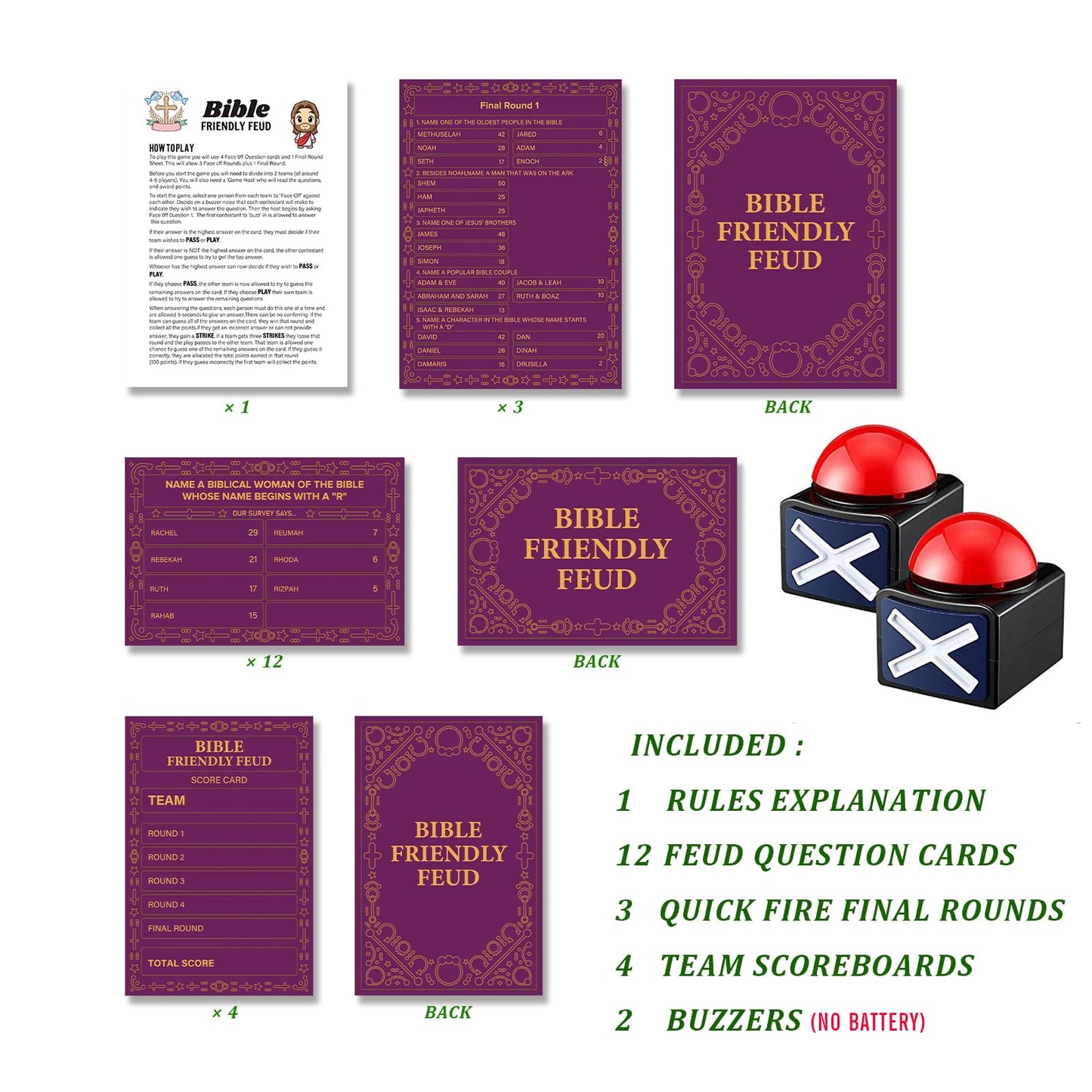 Bible Friendly Feud Game with 2 Buzzers Set, Bible Game Supplies Set, Church Feud Quiz, Games for Church Group - BISC006B