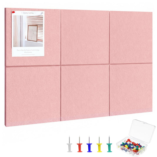 Thboxes Large Cork Board 28" x 19", 6 Pack Felt Wall Tiles with Colored Pushpins, Bulletin Board with for 35 Safe Removable Adhesive Tabs, Pin Board Cork Boards for Walls Home Office Decor - Pink