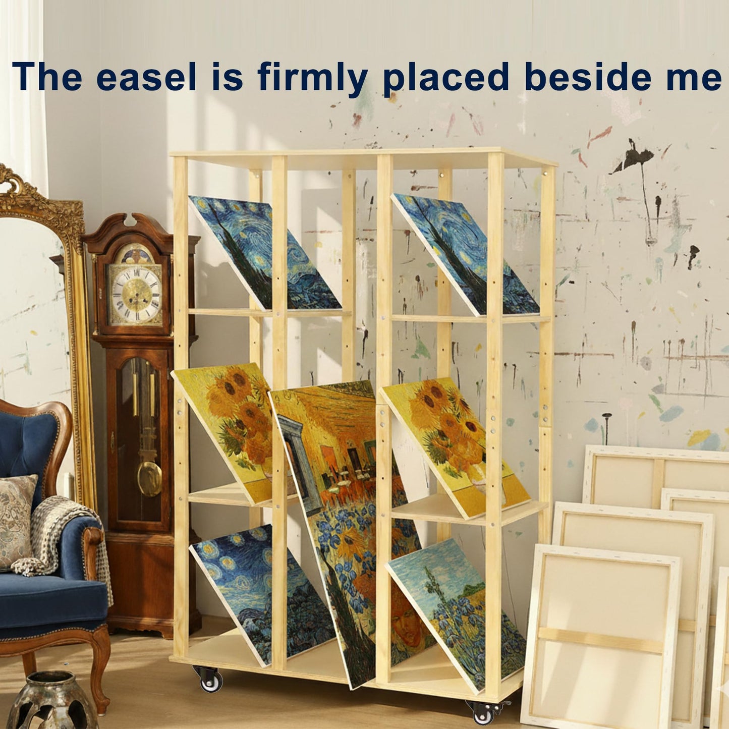 MOOFI Extra-Large Art Storage Rack with Wheels, Adjustable Display Wooden Drying Rack for Canvas, Panels, Prints and Artworks, Multi-Tier Art Organizer for Galleries, Classroom, Studios (Natural)