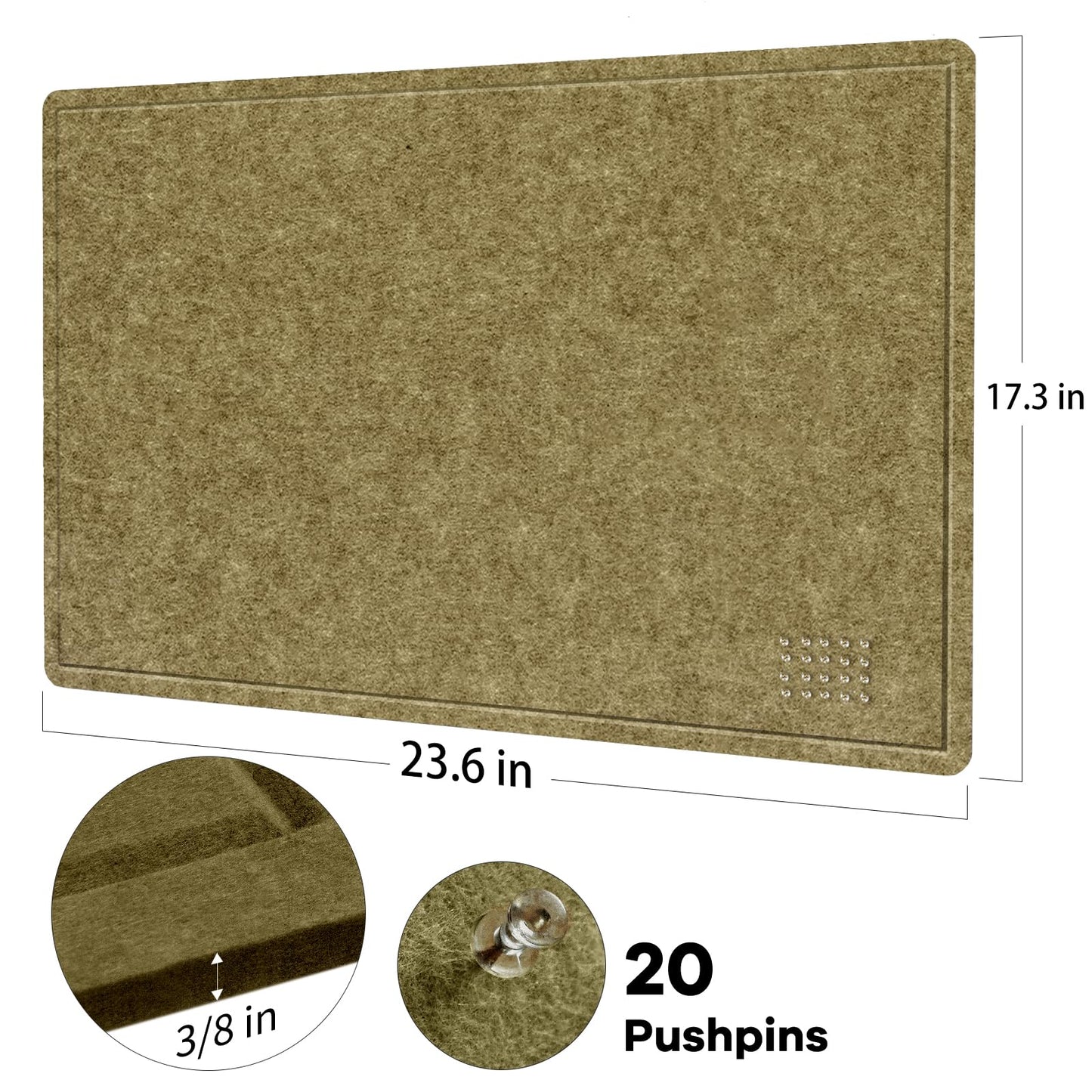 Bulletin Board, 24 x 18 inches Felt Board Decorative Pin Board, Cork Board Alternative for Wall, Foldable Photo Board Self-Adhesive Vision Board Mood Board with 20 Pushpins - Olive