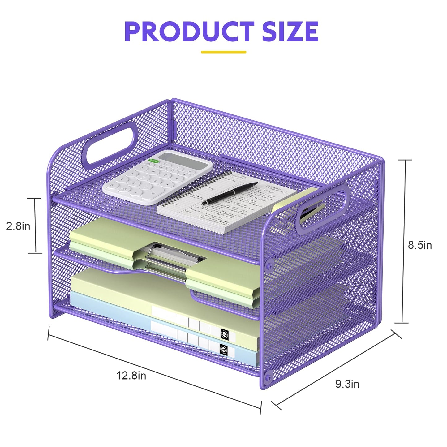 Samstar 3 Tier Purple Letter Tray Paper Organizer with Handle, Mesh Desk Organizer Paper Sorter File Rack Shelves, Purple
