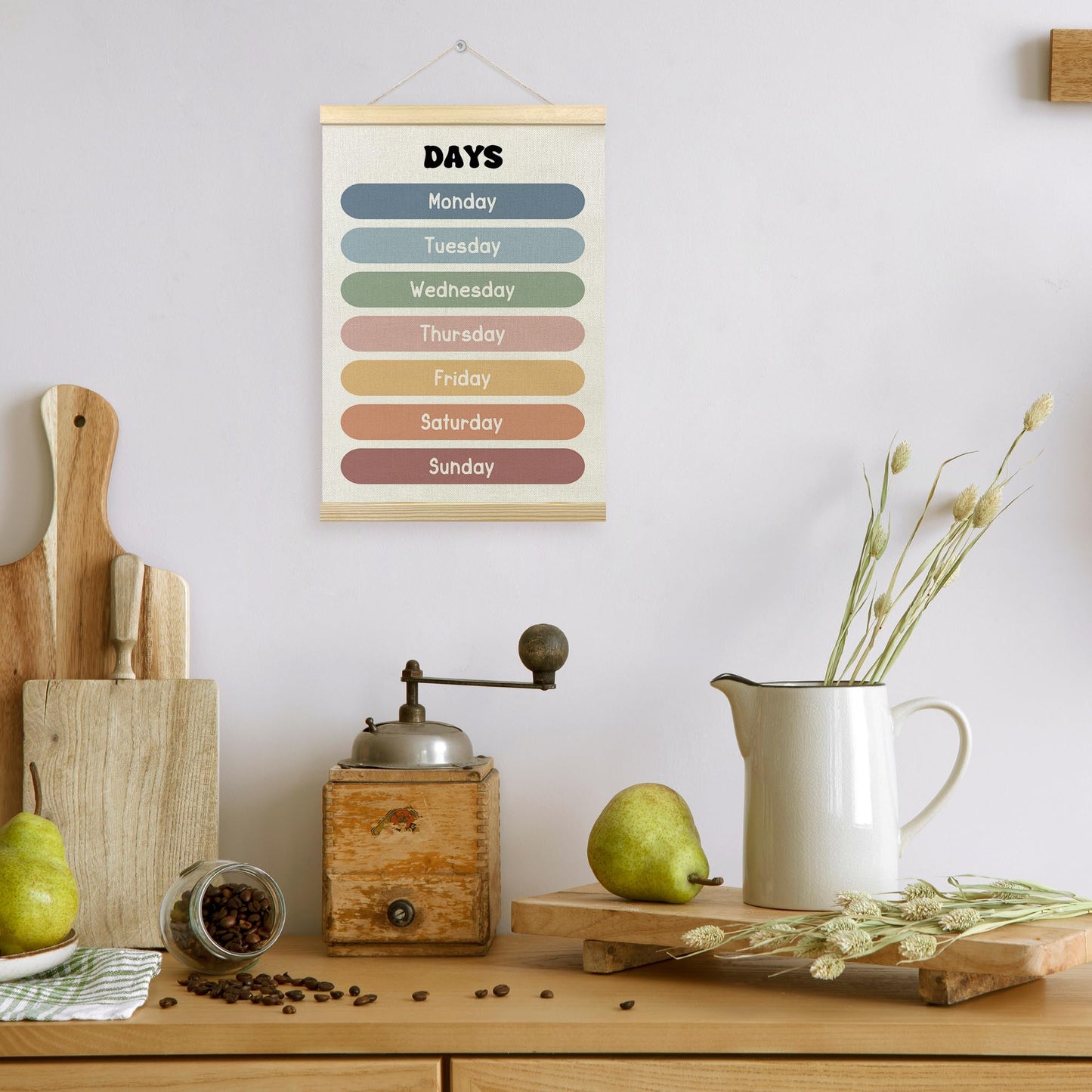 TLESKE Boho Classroom Days of the Week Poster Hanger Frame, Homeschool Hanging Wall Art Decor for Toddlers Kids Room Nursery Playroom, Preschool Prek Learning Educational Poster Print Banner, 12x16