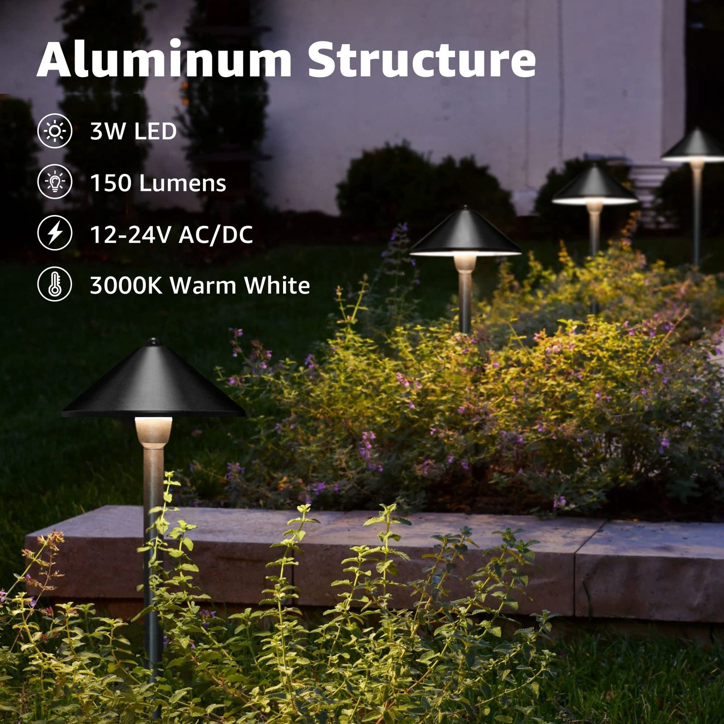 SUNVIE Low Voltage Landscape Pathway Lights 12-24V 3W LED IP65 Waterproof Aluminum Black 8 Pack Model LSBWB0308C