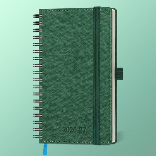 IN-LUXPRO Planner 2026-2027 Daily Weekly and Monthly,6.5"x3.75",18 Months Spiral Bound Calendar Agenda with Self-adhesive Pen Holder,2026 Academic Plan with Vegan Leather Soft Cover,Green