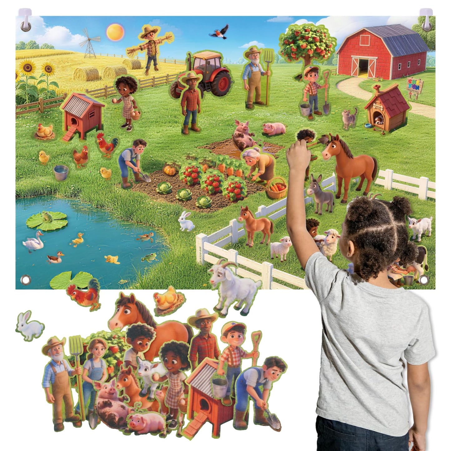 CHEFAN Farm Animals Felt Story Board Set 58 PCS, 3.5FT Interactive Storytelling Early Learning Play Kit Wall Hanging for Kids Children, Preschool Farmhouse Barnyard Busy Board Toys for Ages 2-4
