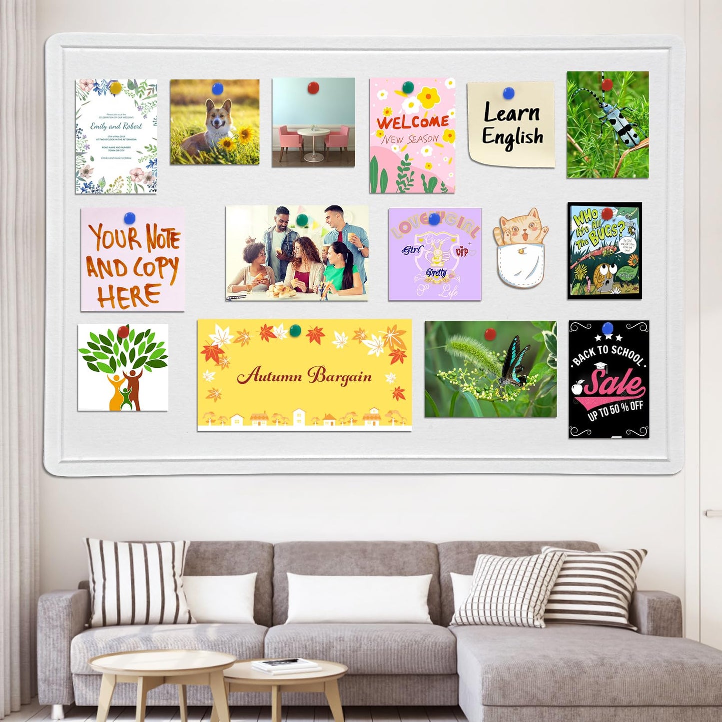 Large Bulletin Board - 60 X 36 inches Decorative Felt Pin Board - 5' x 3' Cork Board Alternative for Wall - Foldable Photo Board Self-Adhesive Vision Board Prayer Board with 30 Pushpins - Warm White