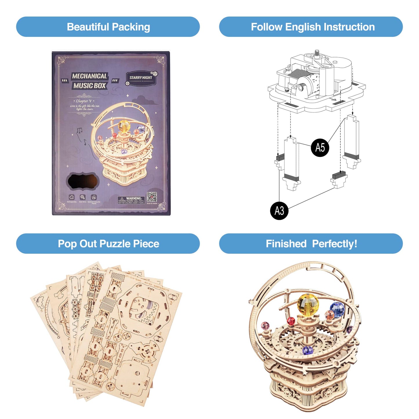ROBOTIME 3D Puzzles for Adults Model Kits for Adults Hobbies for Men/Women Rotating Starry Night Wooden Puzzle Music Box AMK51