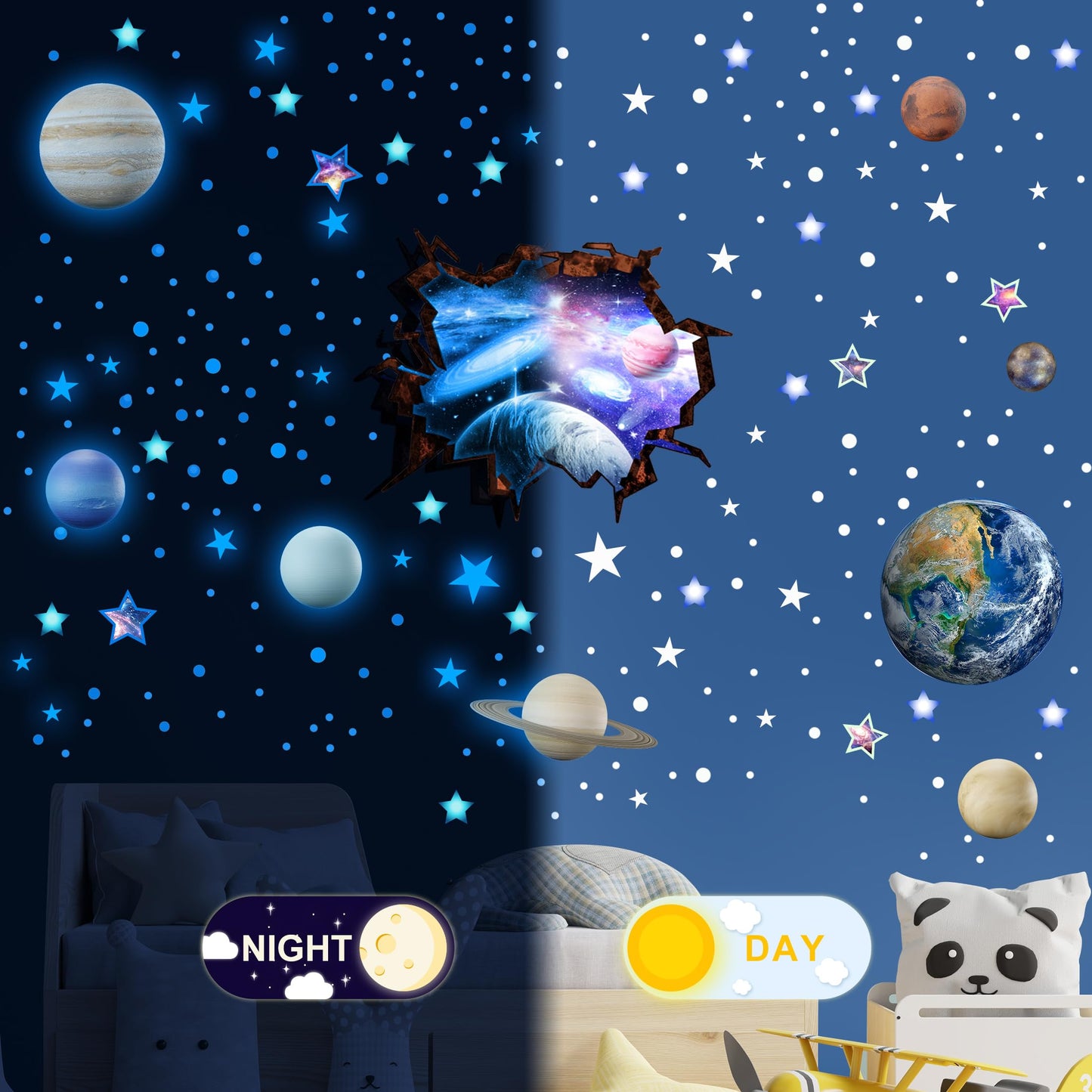 Robmoda Stars and Planets Wall Decals Glow in The Dark, Earth Solar System Stickers for Ceiling, Space Wall Sticker for Kids Room (Blue)