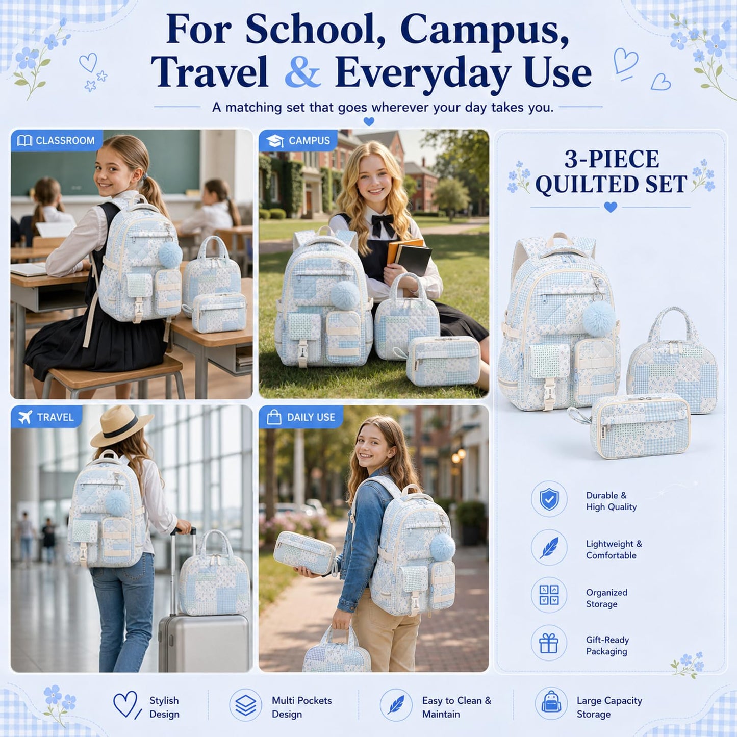 WOBAGMEN 3Pcs Quilted Backpack Set For Girls, Cute Floral School Backpack with Insulated Lunch Bag & Pencil Case, Aesthetic Bookbag Set For Teens College Students, Back To School（Green Blue Patchwork）