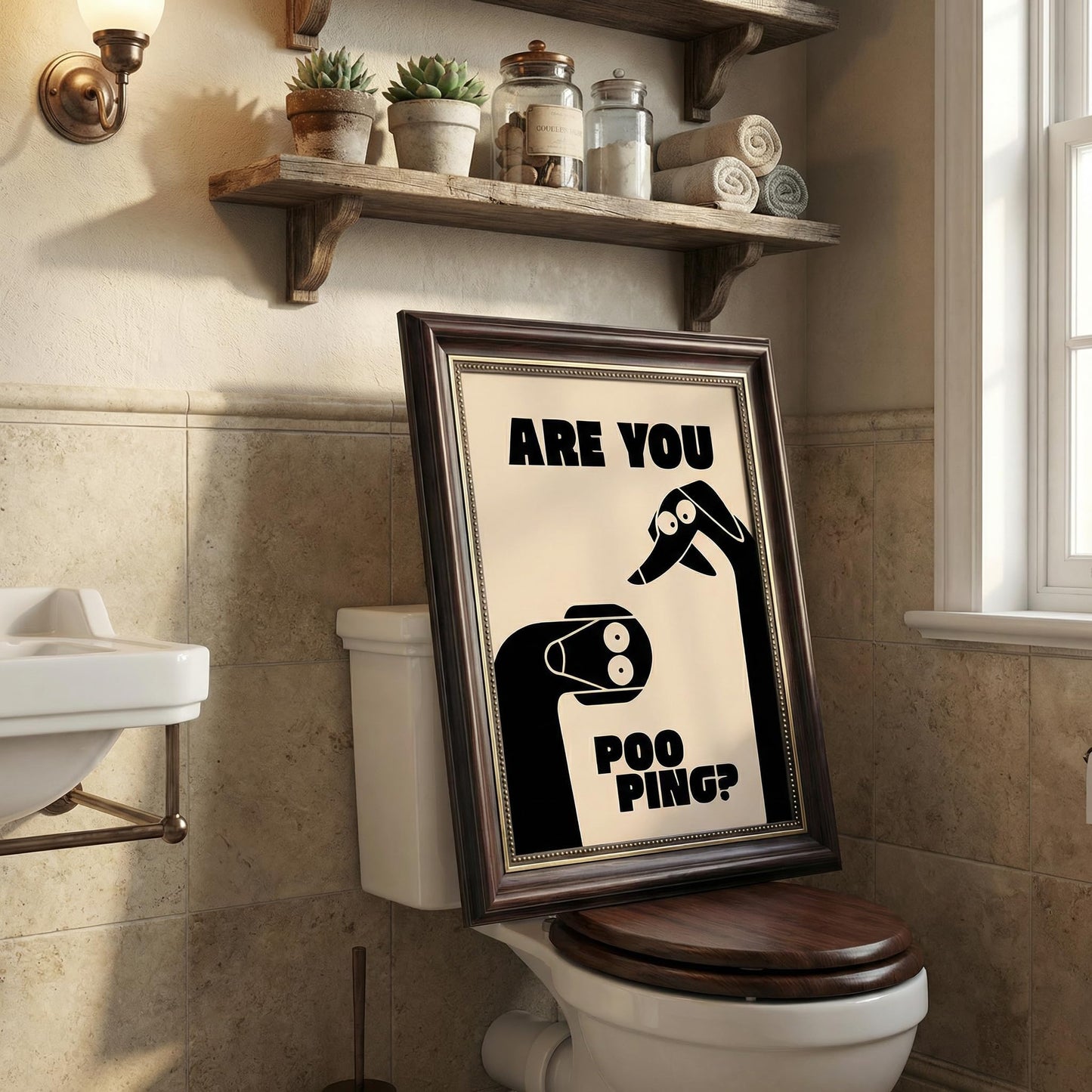 Dark Brown Framed Funny Bathroom Dog Canvas Wall Art Are You Pooping Wall Decor Picture Humor Bathrooms Animal Poster Print Painting for Toilet And Restroom Prepare To Hang