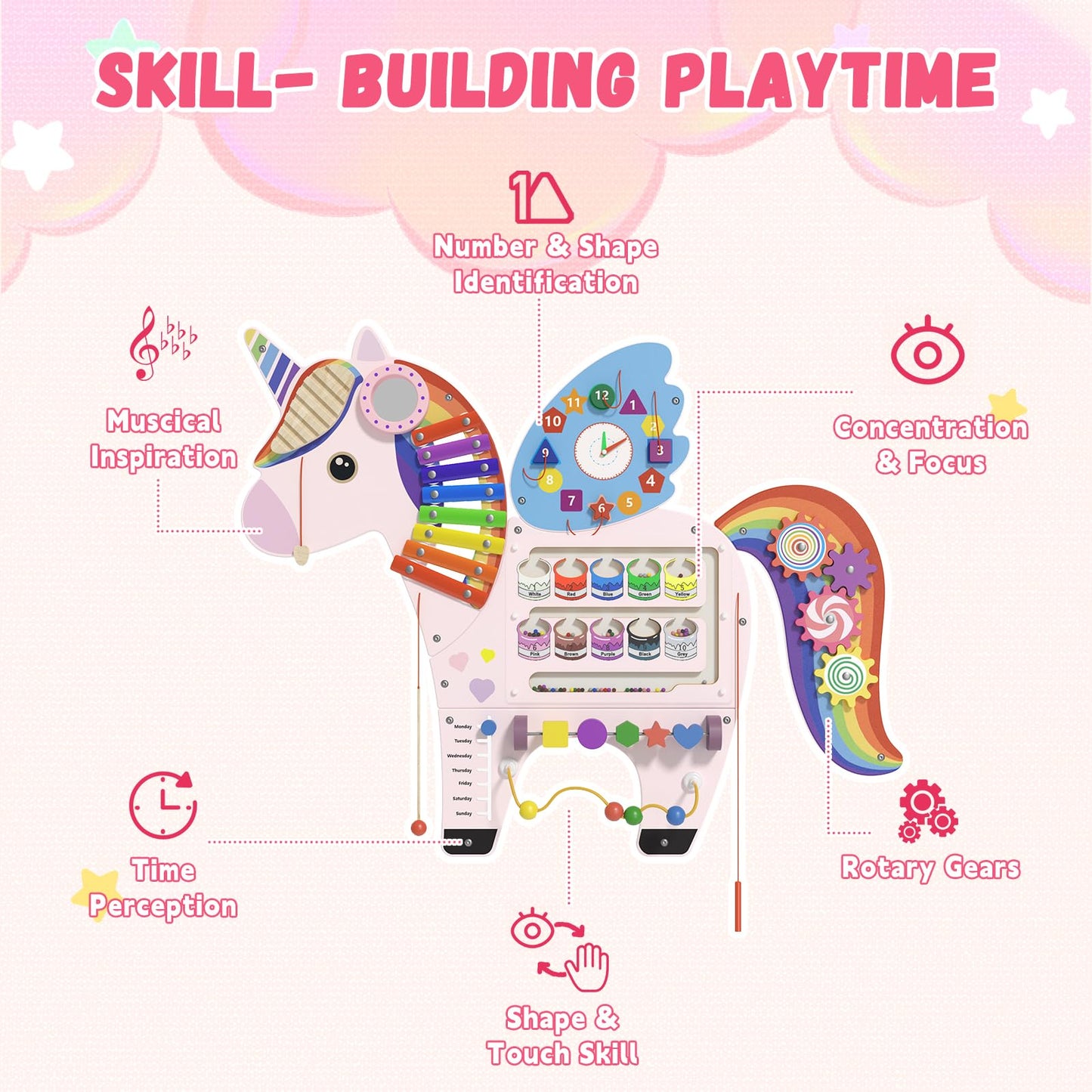 nigwet Unicorn Sensory Wall Panel for Kids - Activity Wall Busy Board Panels, Montessori Toddler Wall Activity Board, Wall Toys for Toddlers 3, Activity Cube, Perfect for Toddler Playroom, Pink