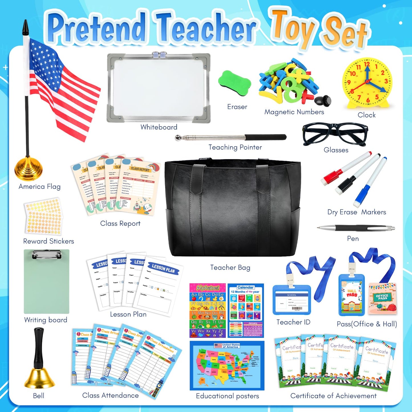 Loscola Pretend Play School Set for Kids Girls 4-12, Kids Teacher Play Sets for Girls, Teacher Supplies Toys with Teacher Bag, Whiteboard, Educational Posters, Magnetic Numbers and More, Ideal Gift