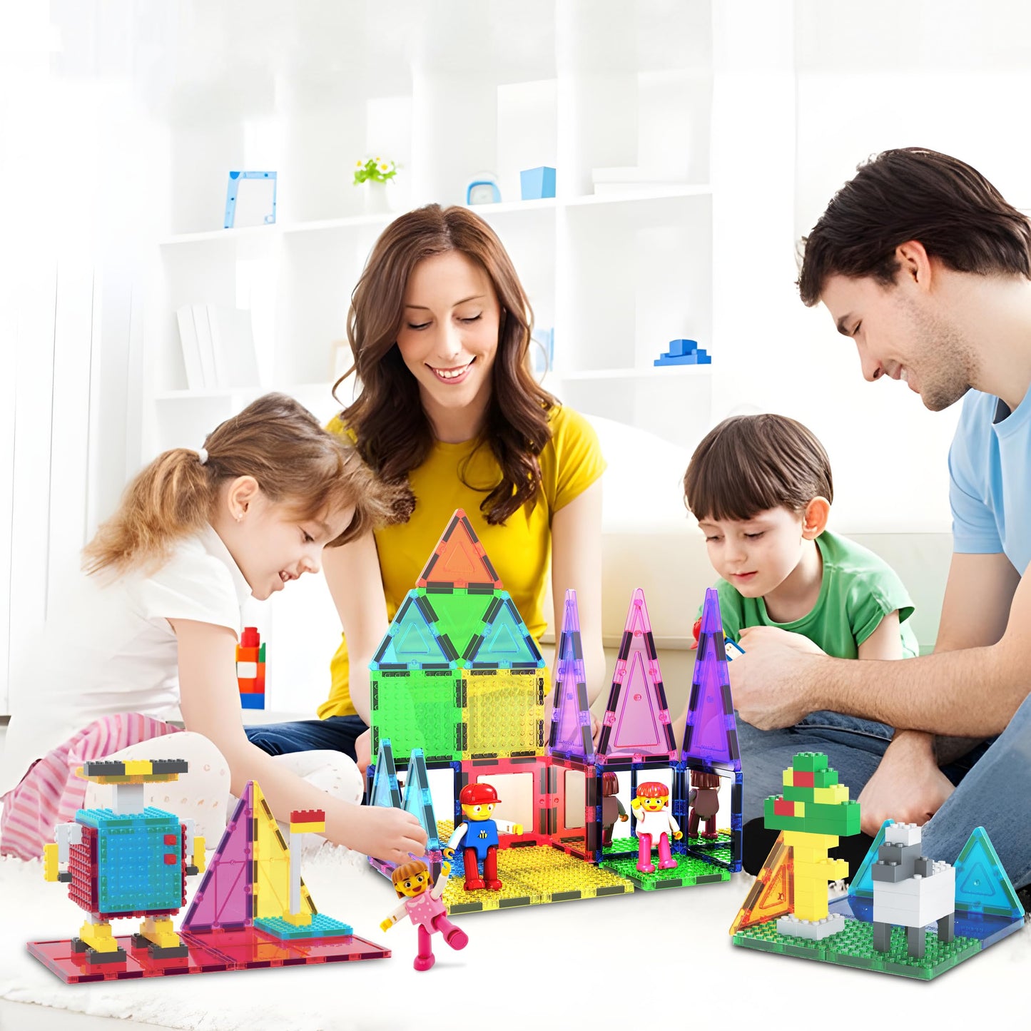 PicassoTiles 63pc Magnetic Tile Building Block Set with 2 Character Figures STEM 3D Construction Educational Toy for Kid Toddlers Boys Girls Age 3 Plus Montessori Learning Playset Creativity Kit PTL63