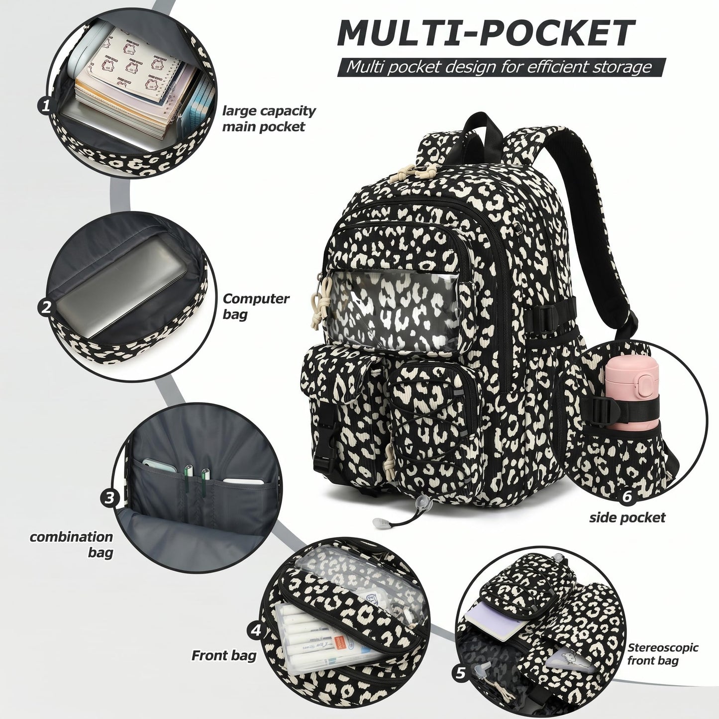 Pepailug School Backpack for Girls Boys with Lunch Box and Pencil Case, 3PCS Corduroy Kids Bookbag Set for Elementary Middle High School Bag with Travel Daily Use (Leopard Black)