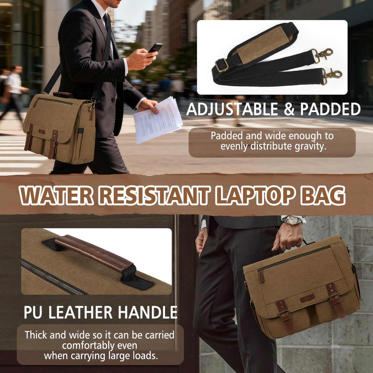 RAINSMORE Messenger Bag for Men, 15.6-17.3 inch Laptop Bag for Work College