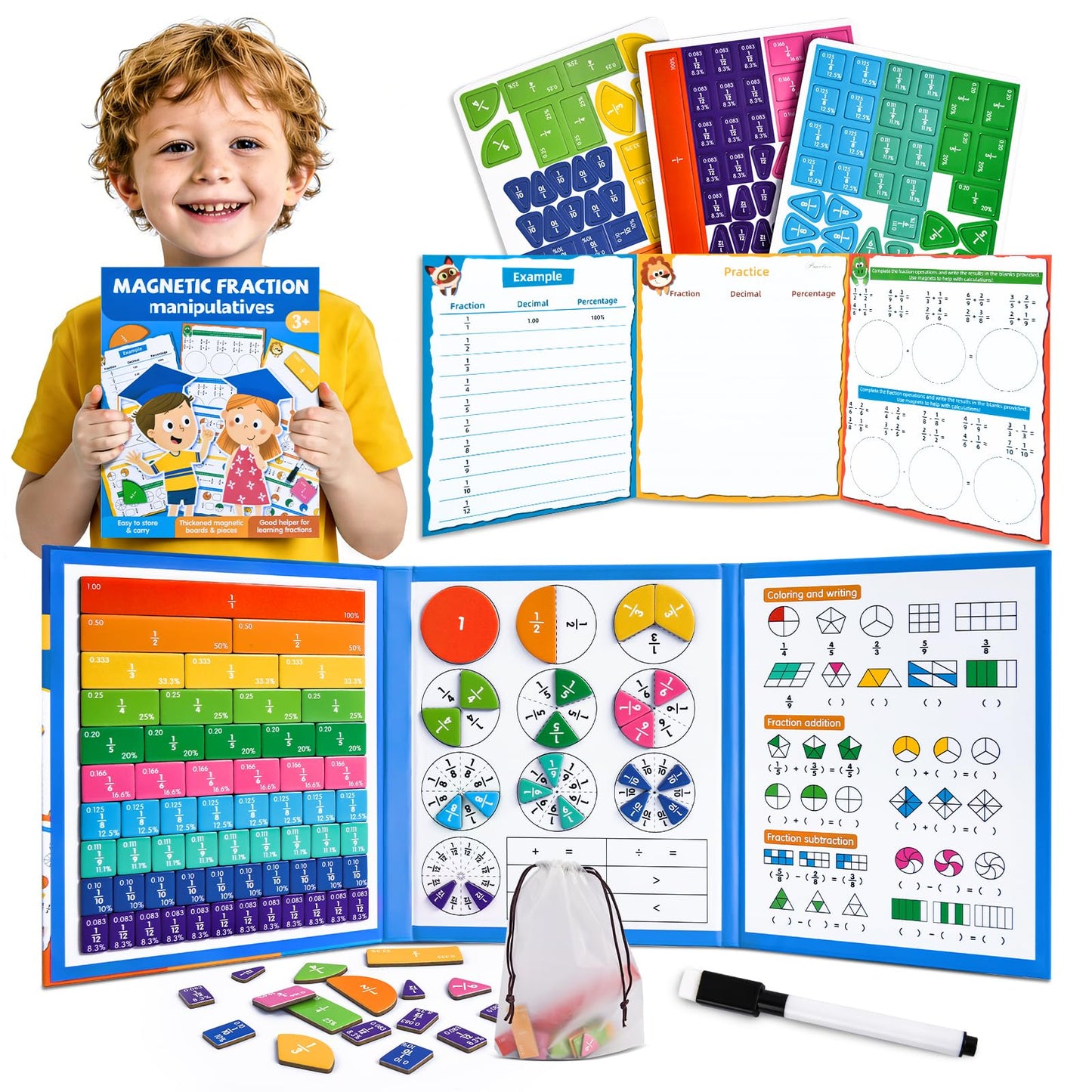 Magnetic Fraction Tiles & Circles Montessori Set for Elementary Kids - Hands-On Math Manipulatives with Activity Book - Learn Fractions, Decimals, Percentages