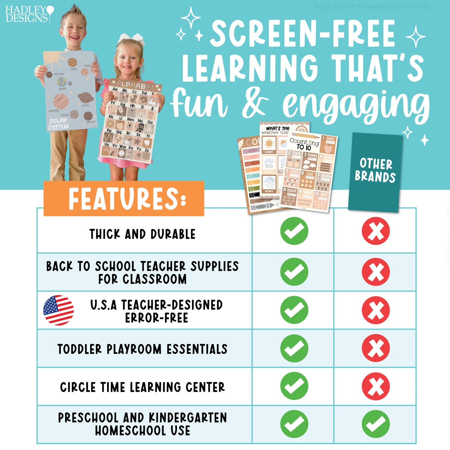 Hadley Designs 16 Educational Posters for Classroom Decor - Boho Educational Posters for Toddlers 1-3, Toddler Learning Posters for Kids Ages 3-5, Kindergarten & Preschool Classroom Must Haves