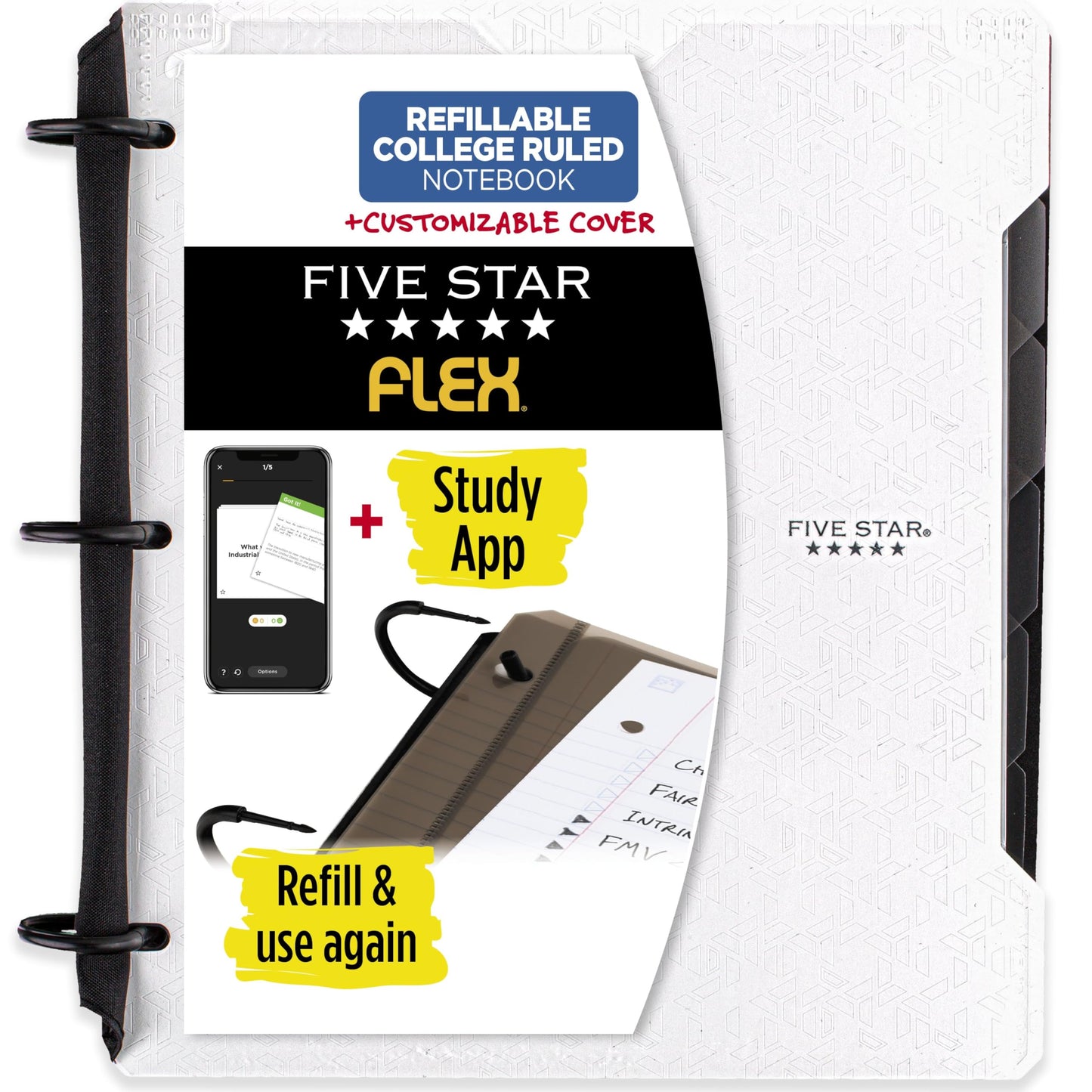 Five Star Flex Refillable Notebook + Study App, College Ruled Paper and 1 Inch TechLock Ring Binder with Customizable Cover, Pockets, Tabs and Dividers, 200 Sheet Capacity, White (29326AE2)