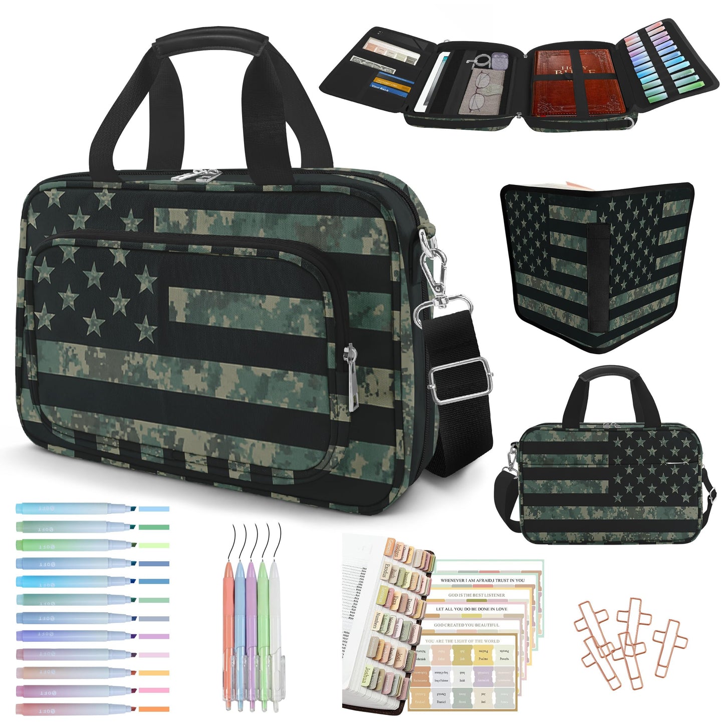 IBOVODI American Flag Caom Bible Cover Case for Men Boys, Large Kids Tactical Bible Carrying Book Case Church Bag, Bible Study Supplies Journaling Kit, Highlighters,Pens Cross Clips, Christian Gifts